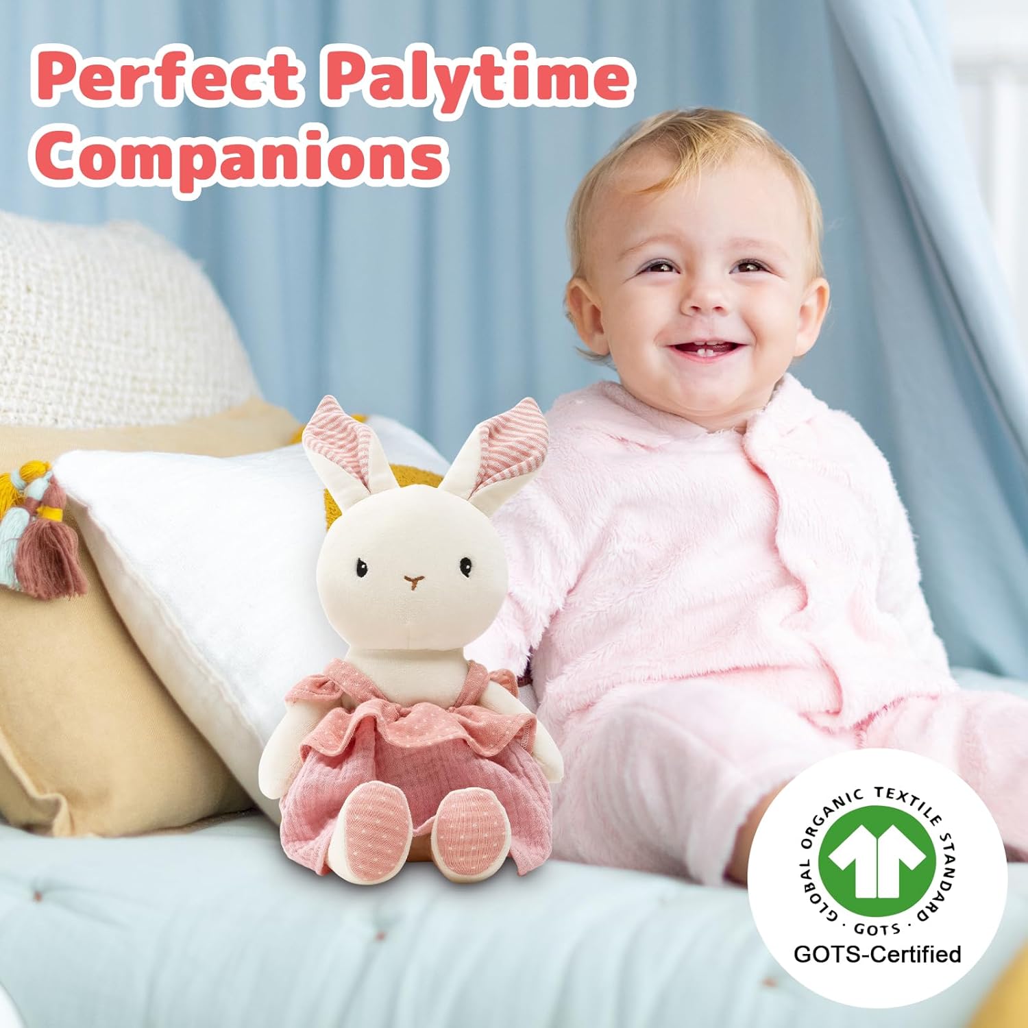 Bunny Stuffed Animal Organic Cotton Baby Plush Toys, 9" Organic Cotton Plush Bunny Toy with Dress, Cute Soft Stuffed Rabbit Doll for Babies and Toddlers