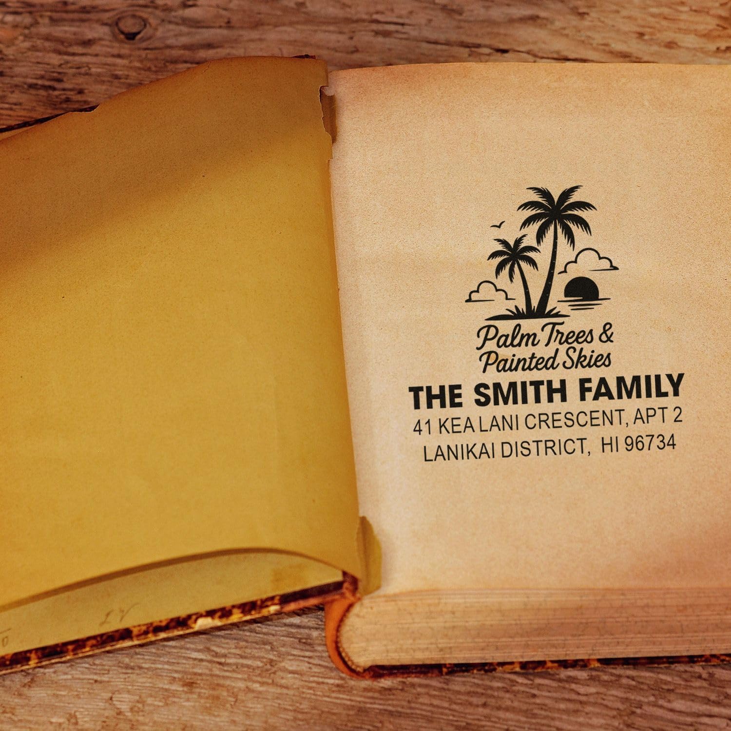 Tropical Sunset Custom Rubber Stamp, Personalized 3-Line Design, 1-5/8 Square Wood Handle, for Tags, Crafters, Small Business