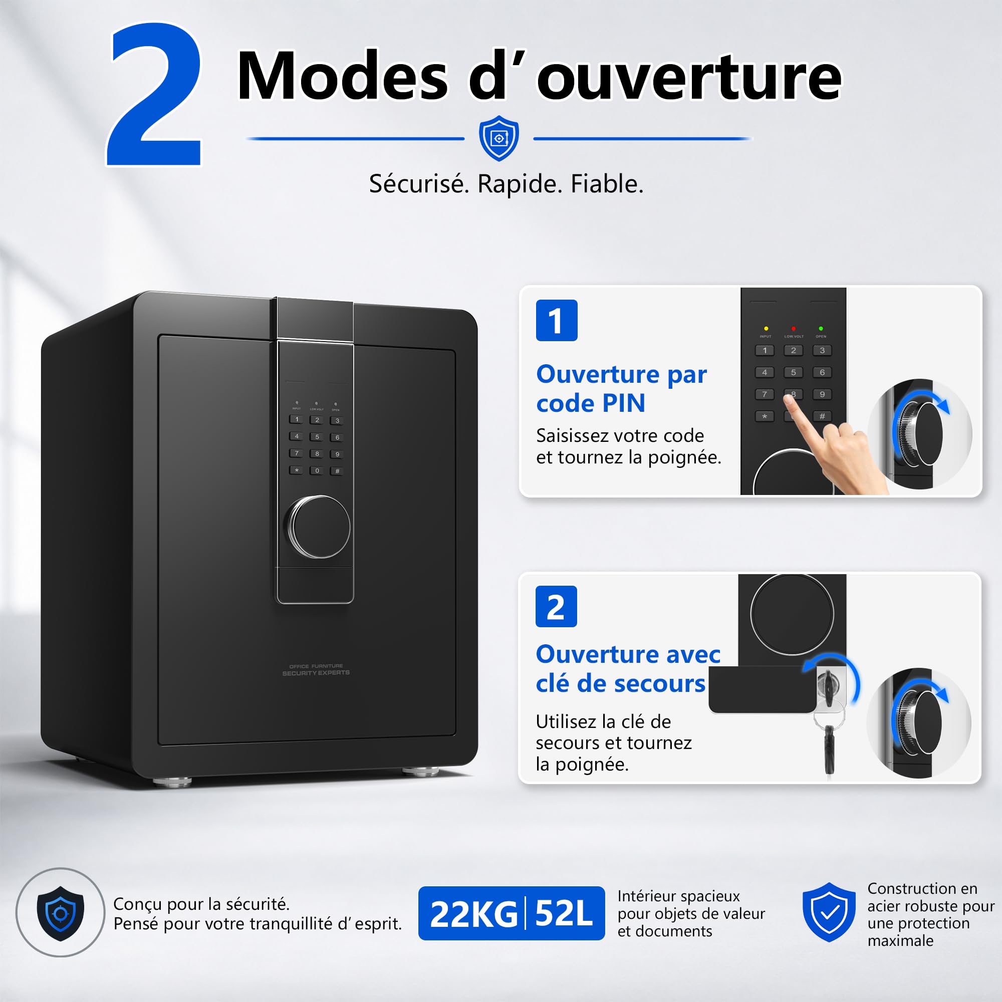 22KG Lourd Coffre Fort en Acier, 52L Coffre-fort Électronique avec Digitale Code et Clé, pour Maison et Bureau, Idéal pour Bijoux, Argent et Documents A4, Notice en Français (Blanc,52L)