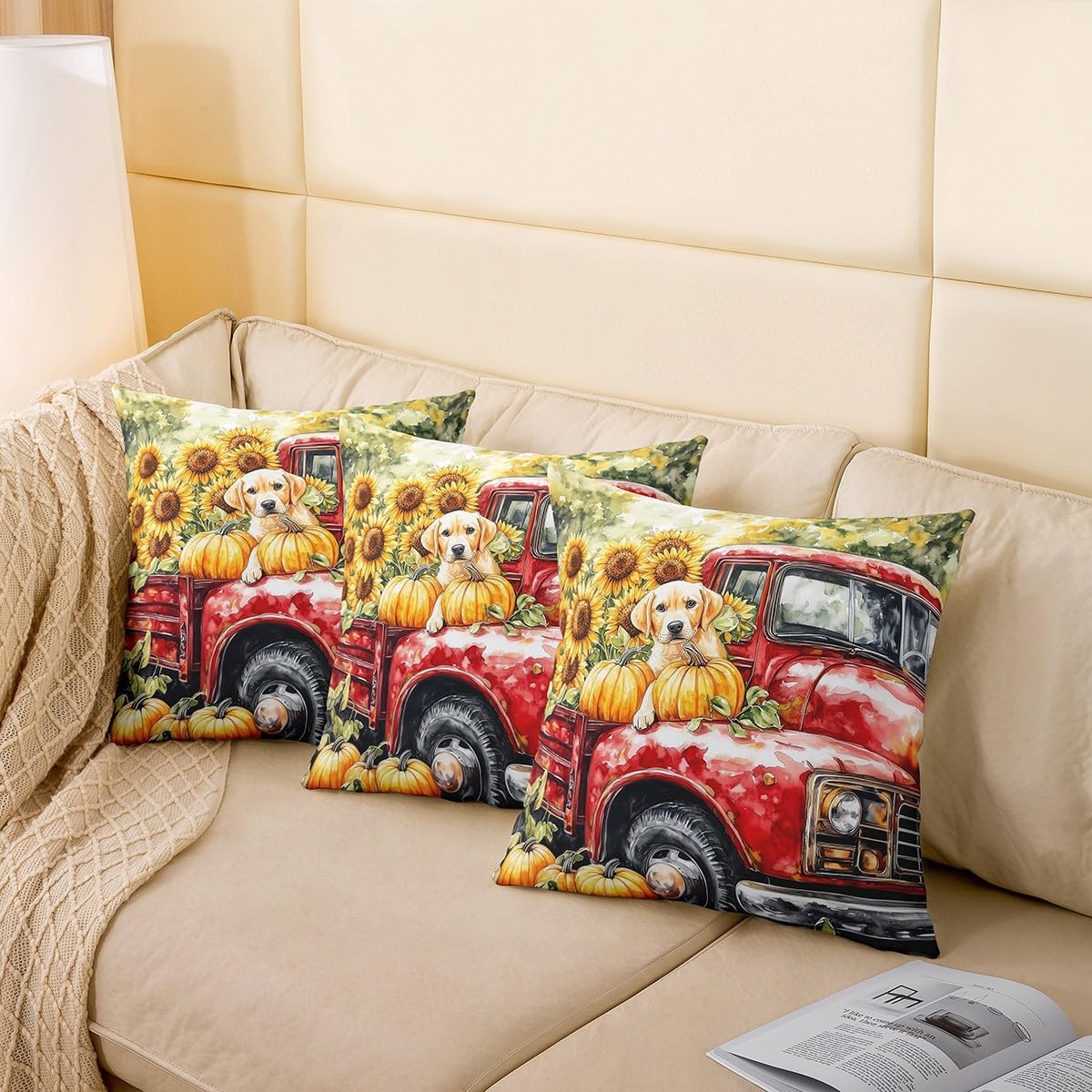 Manfei Pumpkin Red Truck Double Sides Print Pillow Covers,Cute Puppy Dog Sunflower Rustic Farmhouse Pillowcase 2 Pack Cushion Case 24"x 24",Fall Harvest Thanksgiving Day Throw Pillow Covers