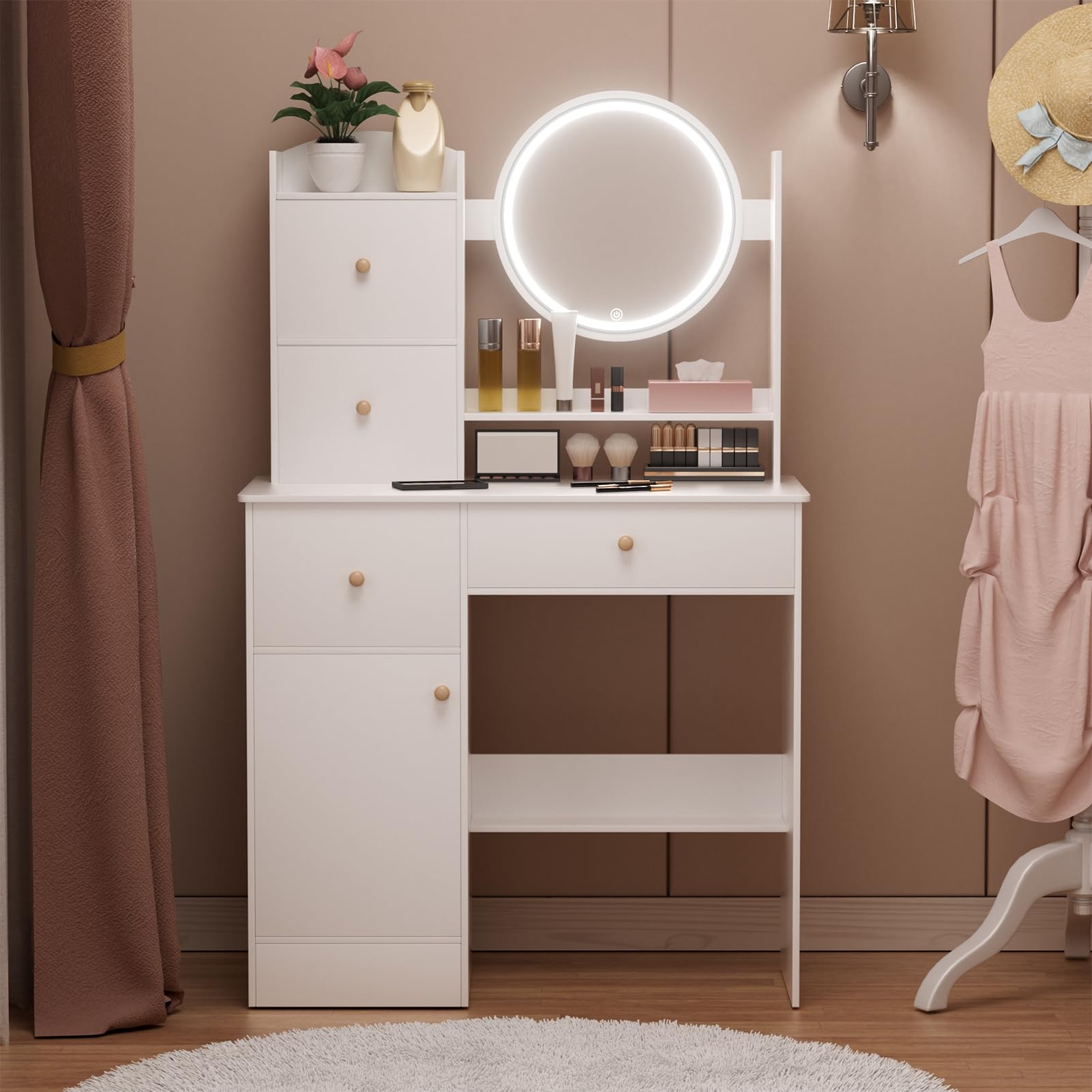 Escritorio de maquillaje con espejo iluminado LED, mesa de tocador con 2 cajones y estantes de apertura, tocador para dormitorio, escritorio de maquillaje para niñas para espacios pequeños,