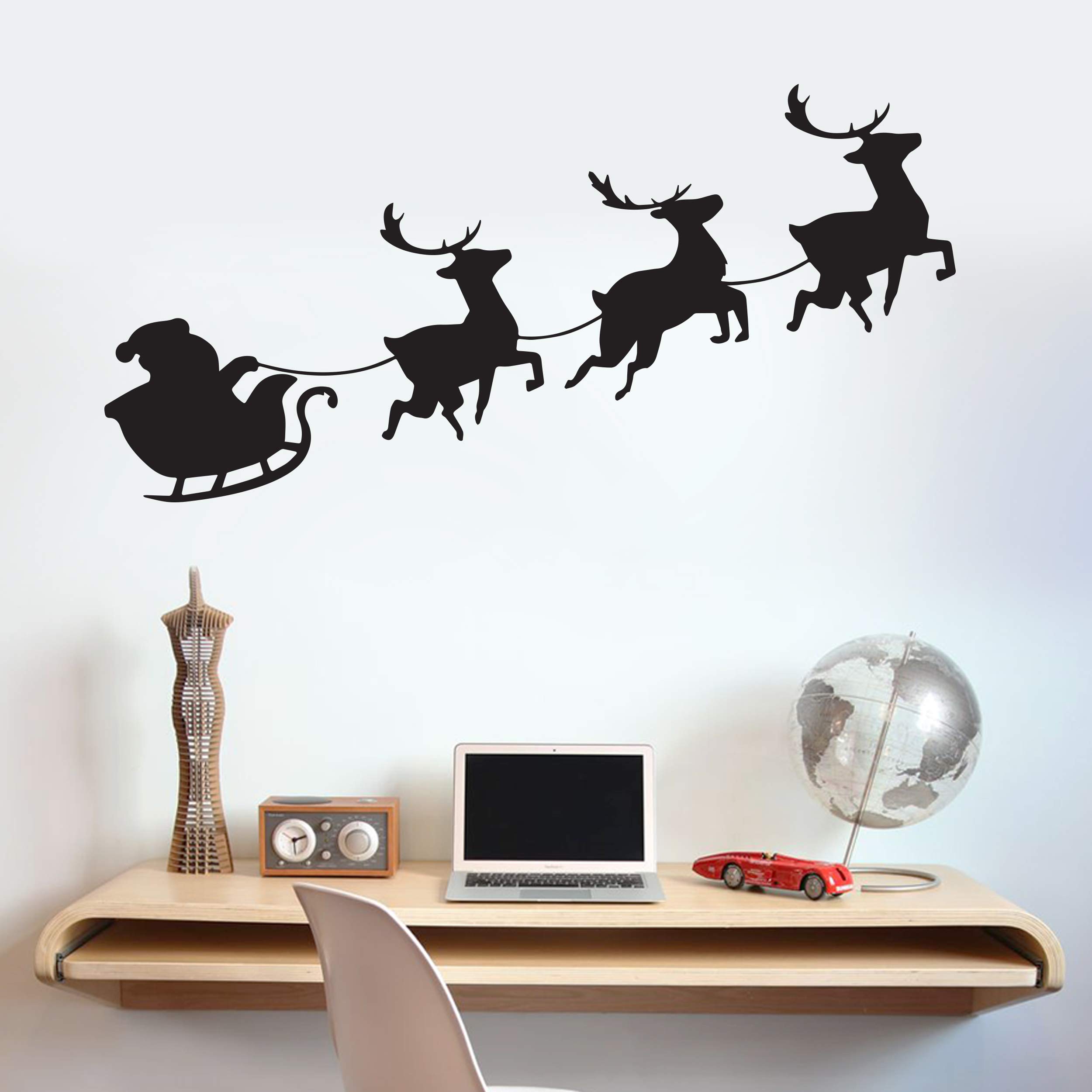 Beautiful Game Black Christmas Wall Sticker Santas Sleigh Silhouette Decal Art Vinyl Xmas Decorations Home Reindeer (, 60Cm Width X 20Cm Height)