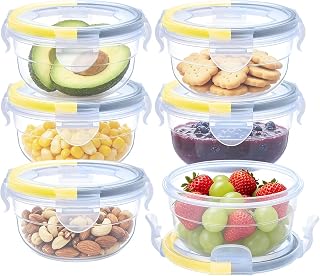 Runde Dosen mit Deckel, 300 ml, luftdicht, Gefrierschrank, Aufbewahrung, Suppen- und Salatschüsseln, Soßentöpfe, Snack-Töpfe (Gelb-Grau), 6 Stück