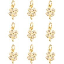 FASHEWELRY 10Pcs 18K Gold Plated Cubic Zirconia Charms Brass Golden Clover Charms Sparkling Micro Pave CZ Leaf Pendants for Bracelet Necklace Jewelry Making Festival Gift