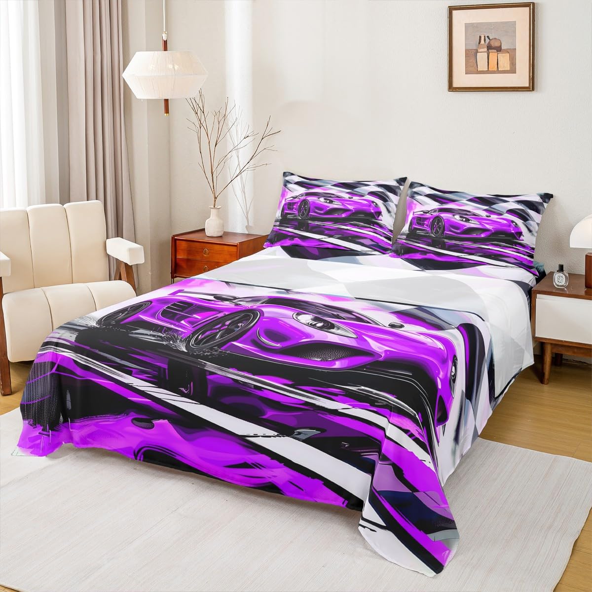 jejeloiu Racing Car Bedding Set Full Size Kids Purple Speed Sports Car Fitted Sheet for Boys Girls Teens Extreme Sports Bed Sheets Set Breathable Soft Lightweight Room Decor