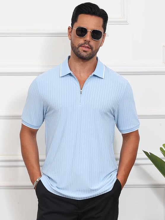 QPNGRP Men's Zipper Polo Shirts Short Sleeve Knit T Shirts Fashion Casual Striped Golf Shirts for Men