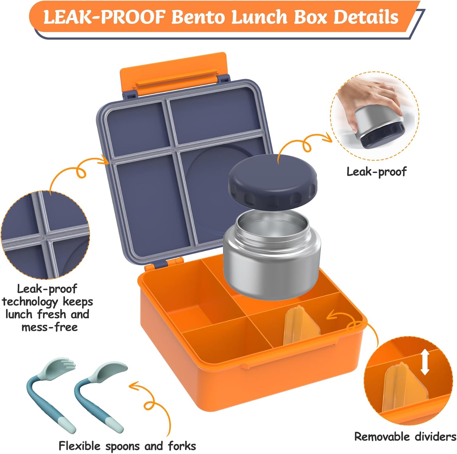 Bento Lunch Box Set for Kids with 8oz Soup Thermo, Leak-Proof Lunch Containers with 4 Compartment, Thermo Hot Insulated Food Jar and Foldable Fork Spoon, for Kids to School (Navy Blue) - Image 3