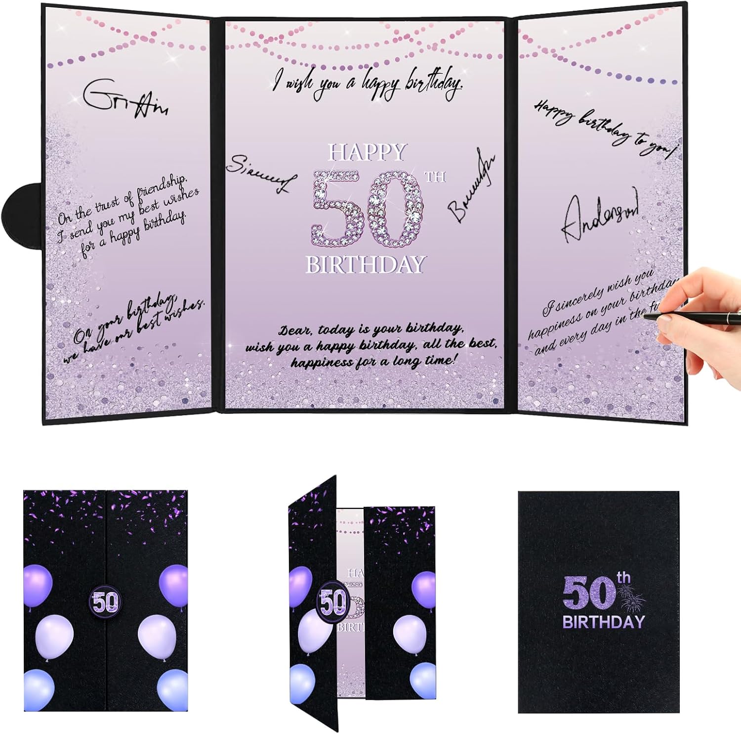 Roetyce Purple 50th Birthday Decorations Women, 50th Birthday Guest Book | Happy 50th Birthday Gifts for Her, Black Purple Jumbo 50th Birthday Card Signature Board, 50 Years Old Bday Party Supplies