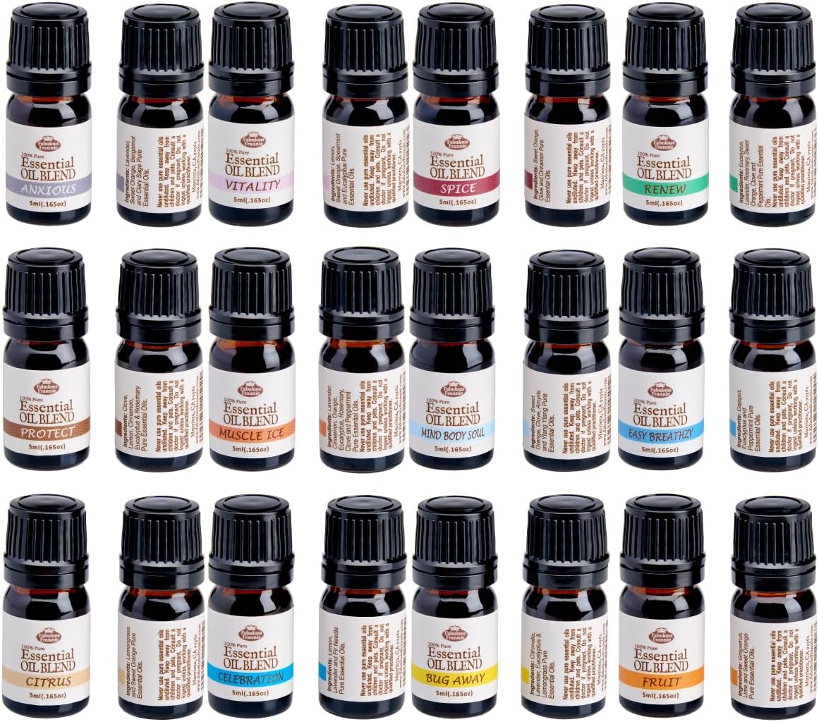 Fabulous Frannie Essential Oil Blend Starter Set 12 Pure Aromatherapy Blends (5ml Each) Bug Away, Muscle Ice, Celebration, Easy Breathzy, Mind Body Soul, Protect, Renew, Vitality, Citrus, Fruit, Spice