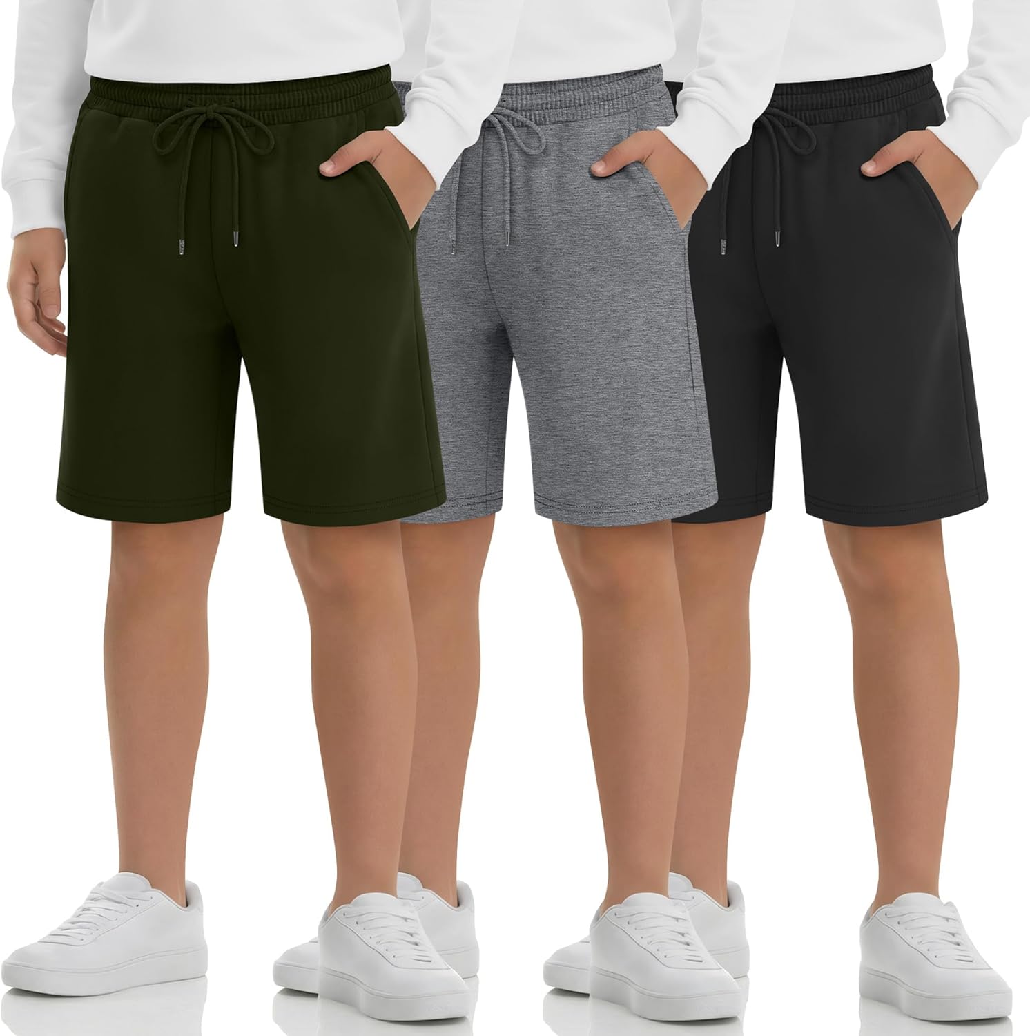 3 Pack Boys Shorts with 3 Pockets 5-14 Years Drawstring Elastic Youth Loose Sweat Shorts Kids Casual Summer Bottom