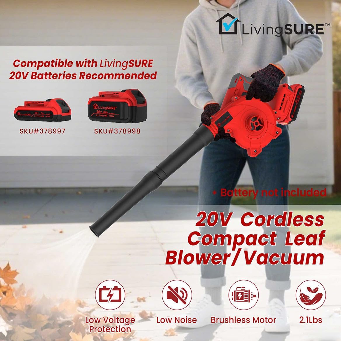 Cordless Compact Leaf Blower Vacuum by LivingSURE Lightweight Electric Handheld Blower for Lawn and Leaf Care, Patio Cleaning, Dust Cleaner - Battery Not Included