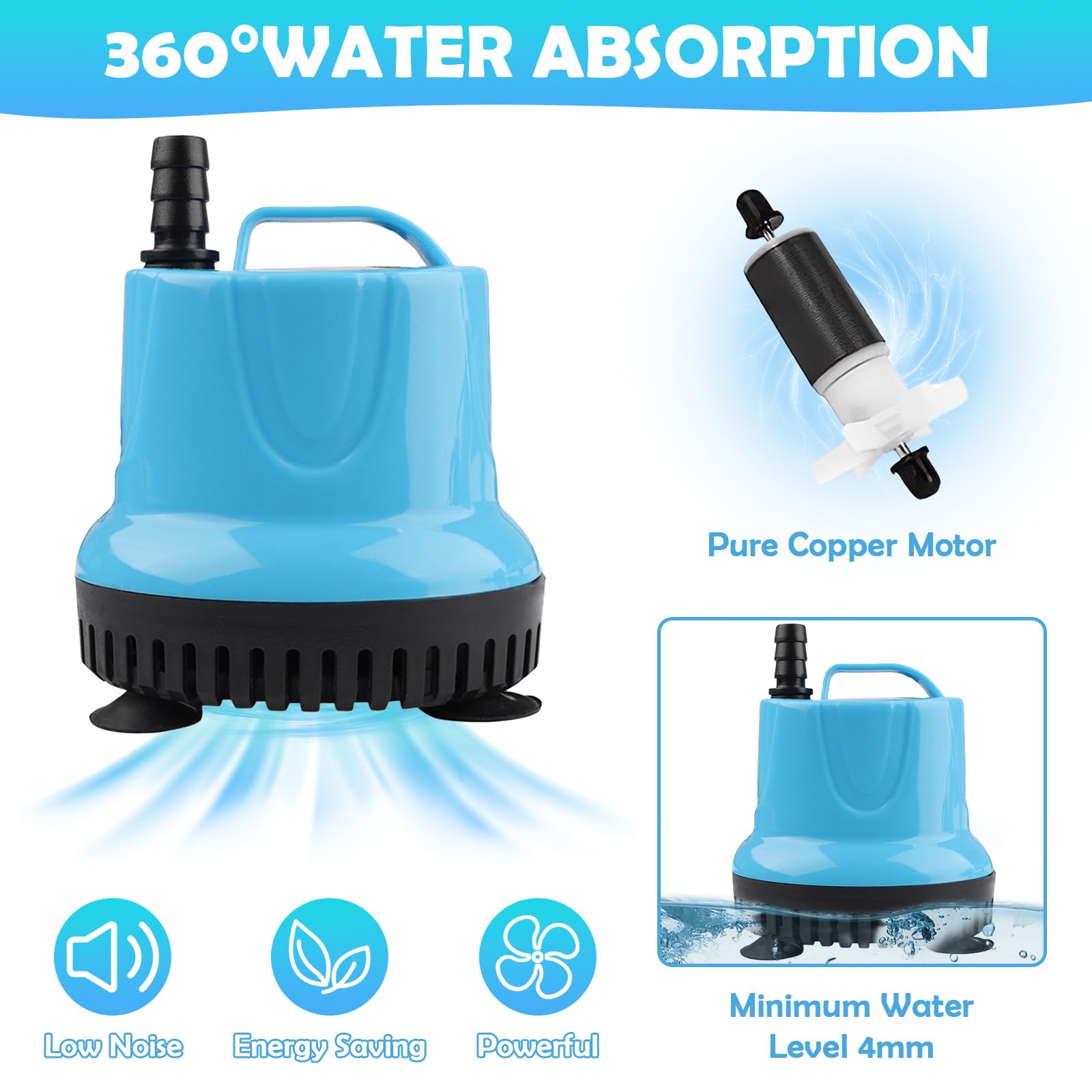 Mini pompa wodna 20W 1500 l/h, pompa zanurzeniowa z 3 dyszami i 1,5 m wężem, ultra cicha pompa do akwarium, fontanny, ogrodów, stawów, fontann (niebieska)