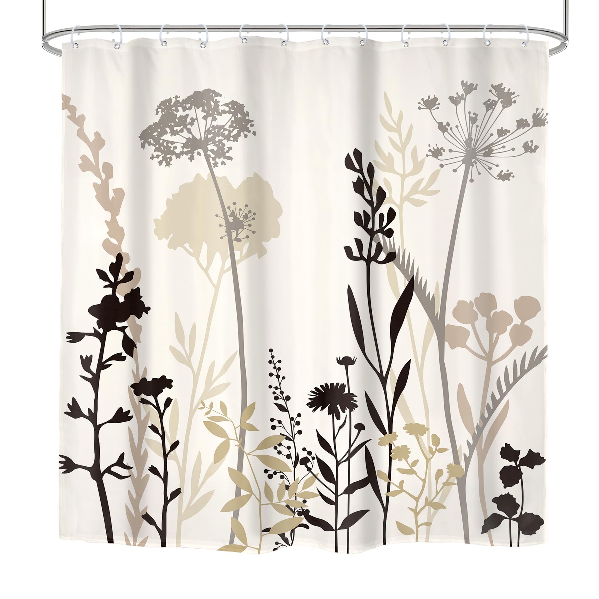Rideau de Douche Beige, crème, Taupe, Marron, Silhouette Florale, Style bohème Rustique, Feuilles et Plantes Sauvages, Style Vintage, Salle de Bain, 300x200cm(LxH)