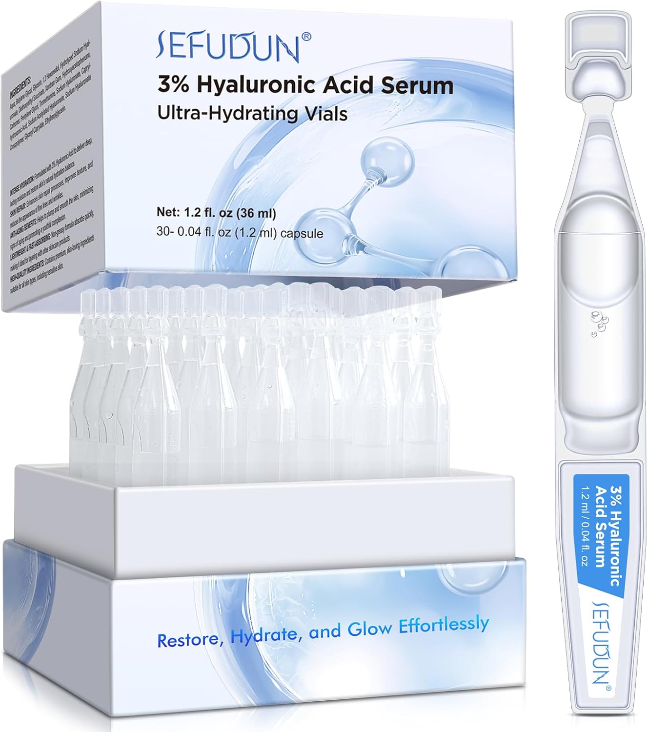 3% Hyaluronic Acid Serum for Face - Ultra Hydrating Facial Moisturizing Serum Reduces Fine Lines and Wrinkles for All Skin Types Anti Aging Fast Absorbing Boosts Skin Elasticity (1.2 ML x 30 PCS)