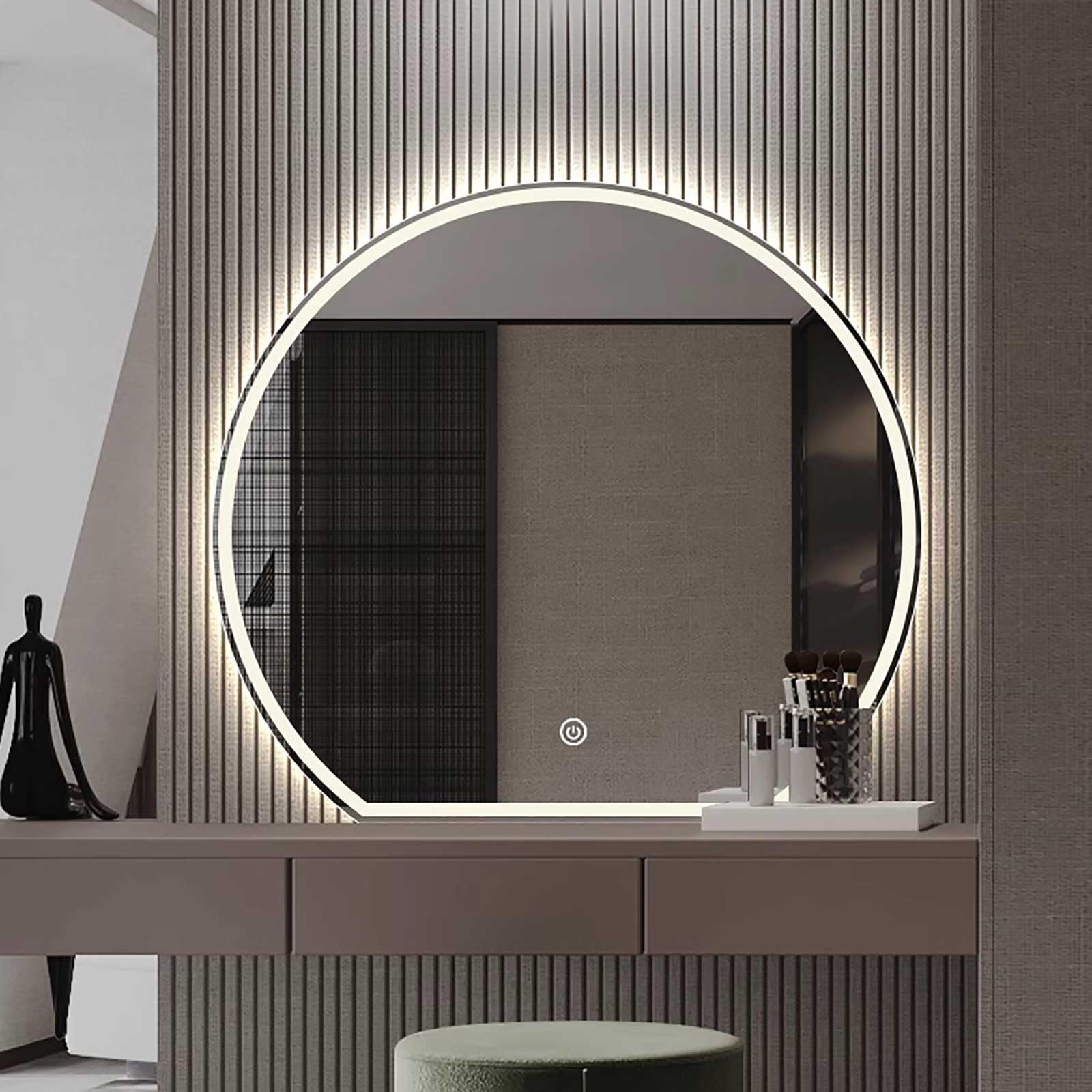 Nowoczesne podświetlane LED półokrągłe lustro ścienne bez lustra łazienkowego i sypialni (60 x 60 cm) stylowy i funkcjonalny wystrój do każdej przestrzeni