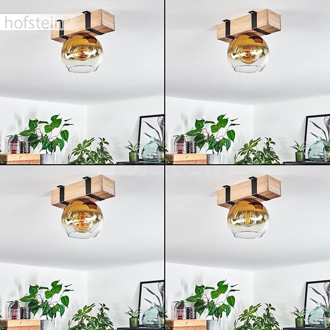 hofstein HOFSTEIN Plafondlamp Montgomery, plafondlamp van metaal/hout/glas in zwart/natuur/goudkleuren/helder, Scandinavisch design met houten balken en kap van glas (Ø 15 cm), 1 x E27, zonder lamp photo 3