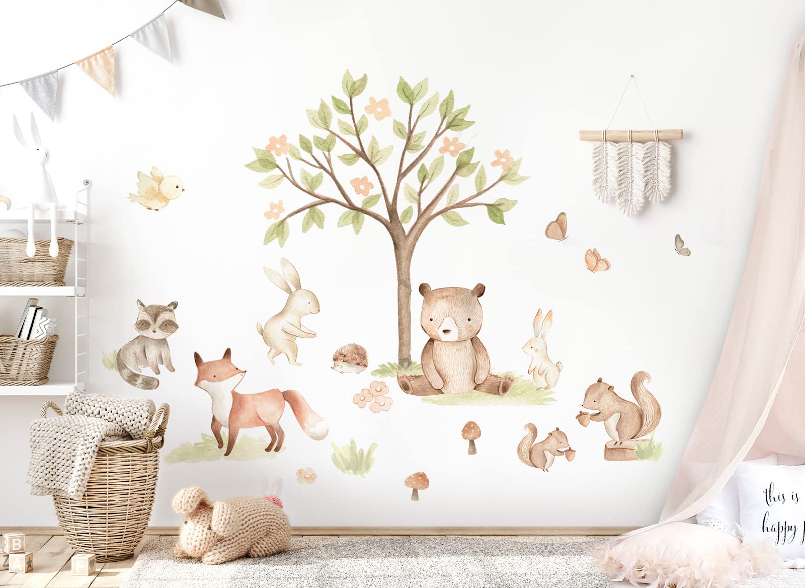 Grandora DL853-4 Sticker mural décoratif pour chambre d'enfant Motif ours renard arbre