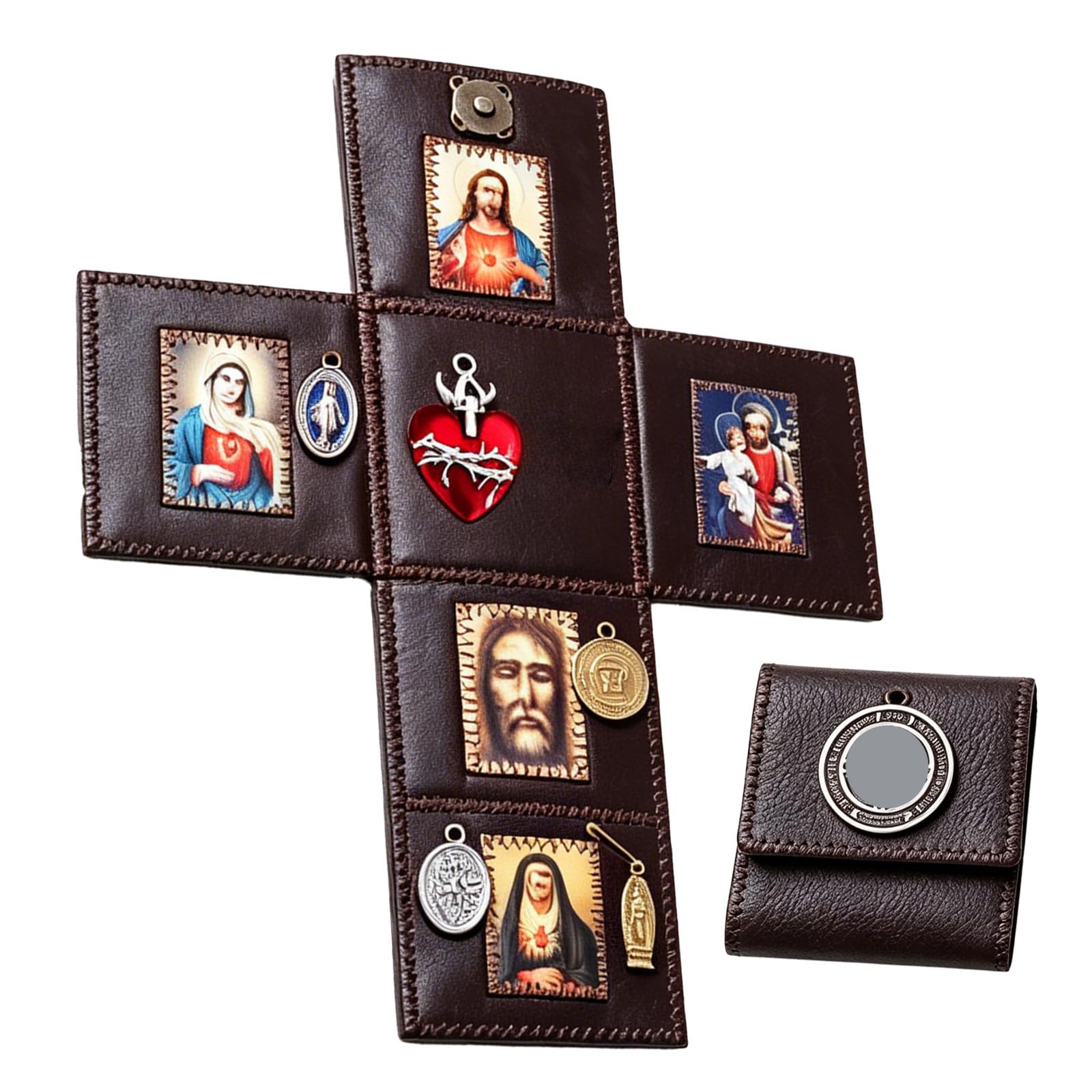 Portable Catholic Altar, Hand Folding Catholic Pocket Altar, Portable Devotional with Sacred Images and Religious Medals for Retreats, Travel and First Communion