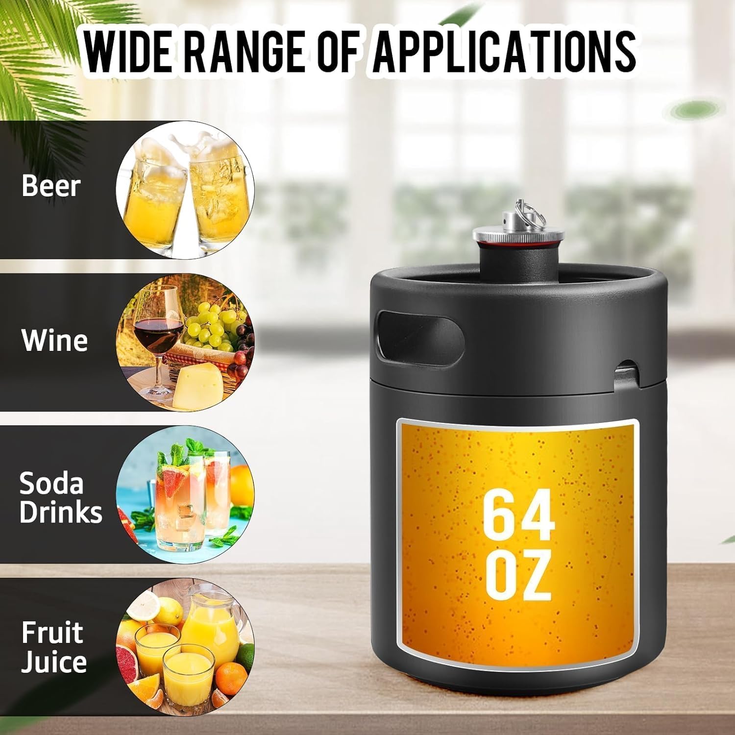 MRbrew Pressurized Mini Keg 64oz, 304 Stainlsee Steel Mini Kegerator with Exhaust Valve Designed Cap Portable Beer Growler for Homebrew And Craft Beer (Black)