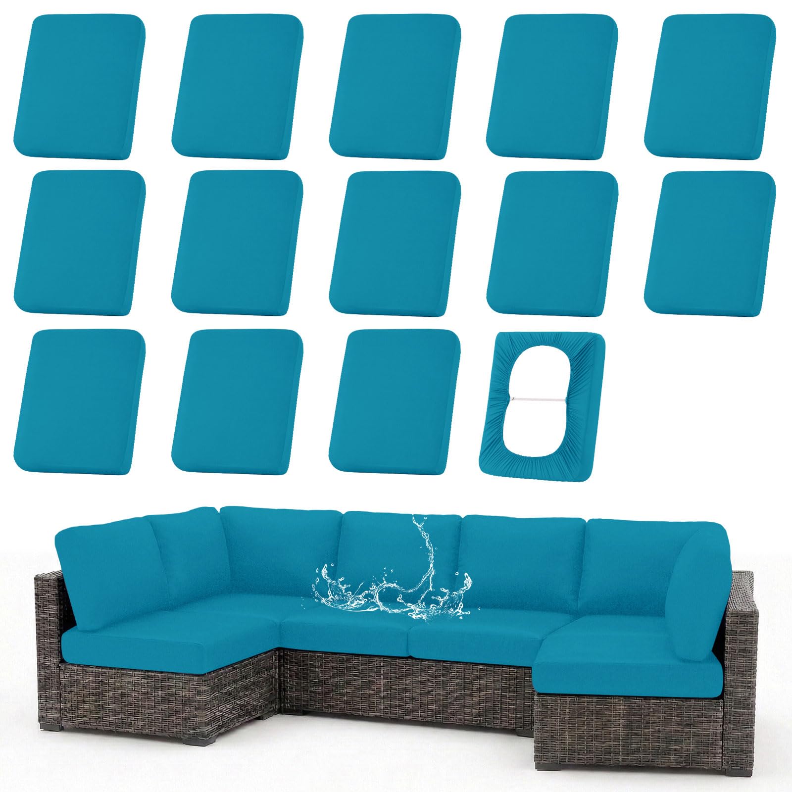 Photo 1 of hyha Waterproof Outdoor Cushion Covers for Patio Furniture, Stretch Patio Chair Cushion Slipcovers, Coated UV Resistant Replacement Seat Covers, Solid Color (Teal, 14PC)