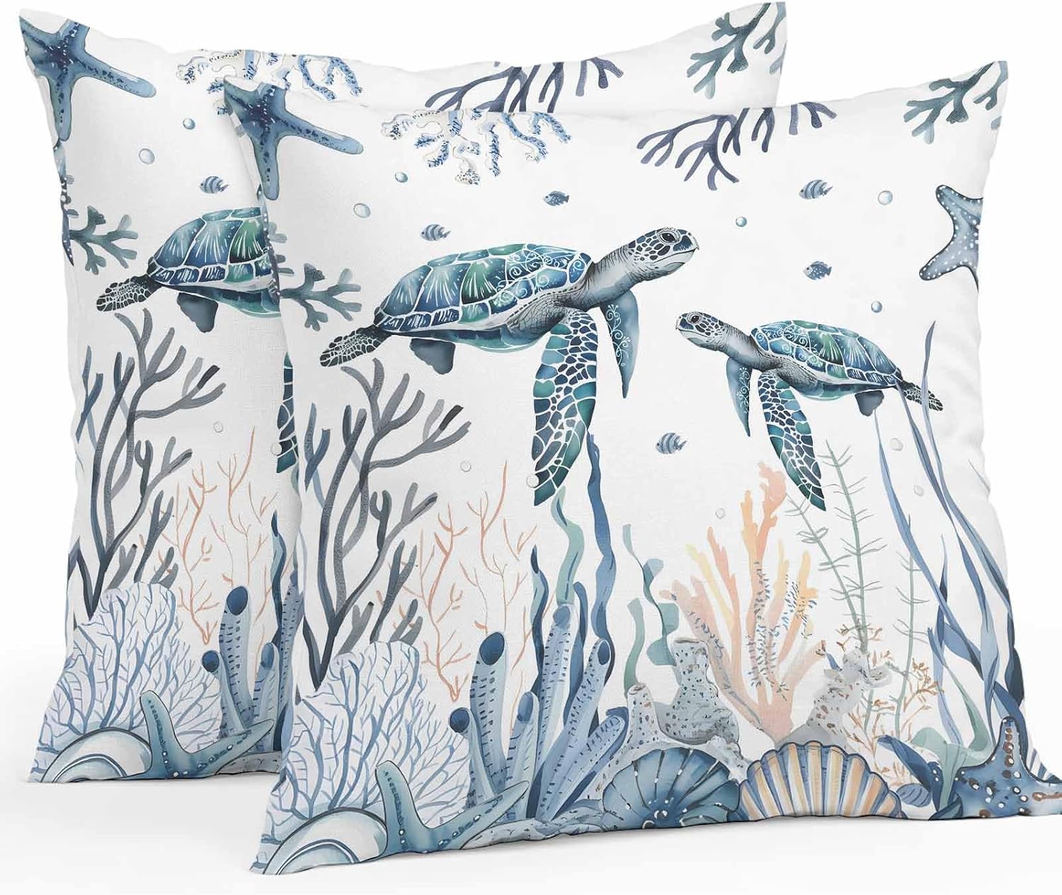 Outdoor Pillow Covers 26 x 26 in, Blue Sea Turtle Waterproof Throw Pillow Cover Set of 2, Ocean Beach Coral Nautical Coastal Shell Home Decorative Square Cushion Covers for Patio/Couch/Garden