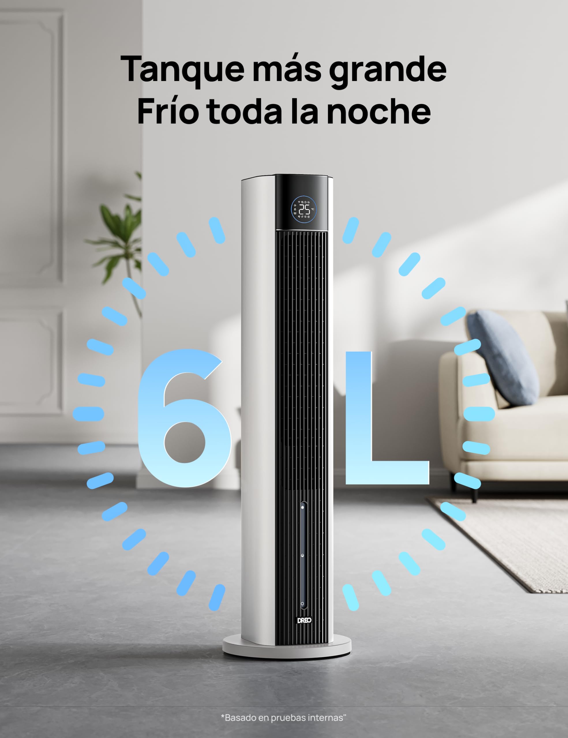 DREO Ventilador de Torre con enfriamiento por agua, enfriador 110 cm, silencioso, 4 velocidades, 4 modos, evaporativo, control app, paquete de hielo, oscilación 80°, temporizador 12 h, blanco