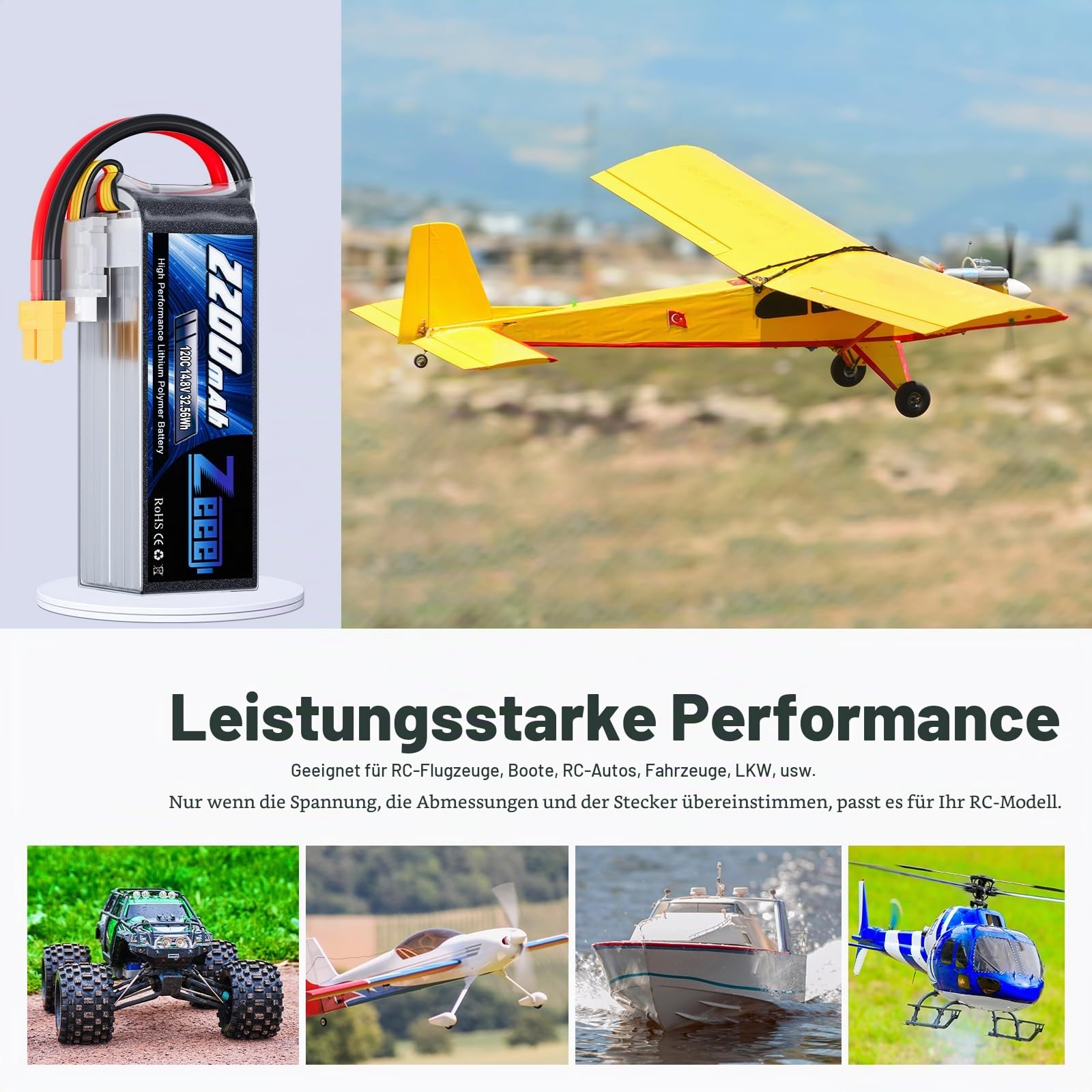 Zeee 4S Lipo Akku, RC Akku 14,8V 2200mAh 120C Lipo Batterien mit XT60 Stecker für UAV Drones FPV Rennrad Quadcopters Flugzeug Hubschrauber RC Boot RC Auto (2 Packungen)