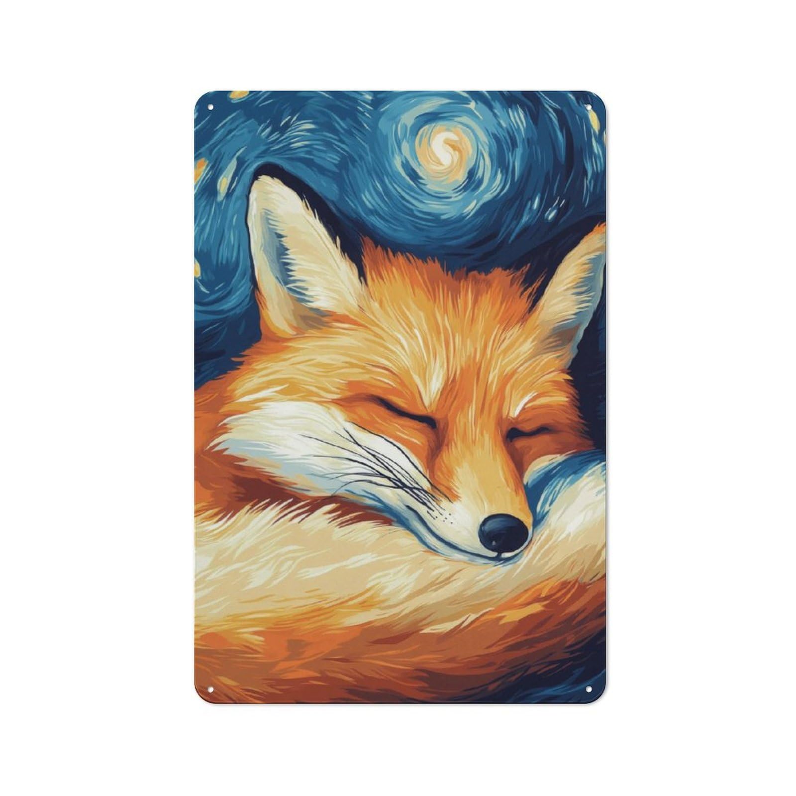 Junmoney Sleeping Fox Starry Night Retro Metal Plaque 30X20cm For Bar Or Restaurant, Suited To Restaurant Interior Fans