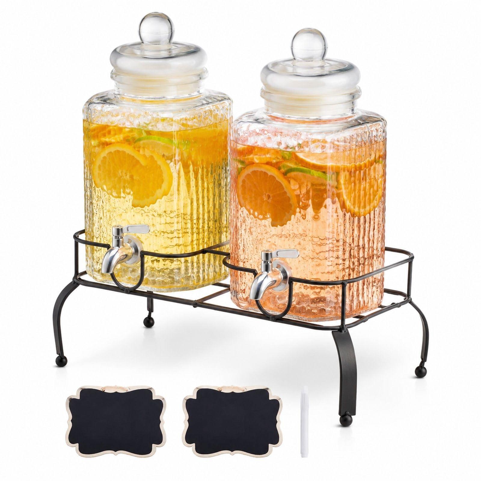 Dystrybutor napojów, 2 x 5,5 l szklane pojemniki z kranem, przezroczysty podwójny cylinder na metalowej podstawie do soku, lemoniady, imprez, barów i restauracji