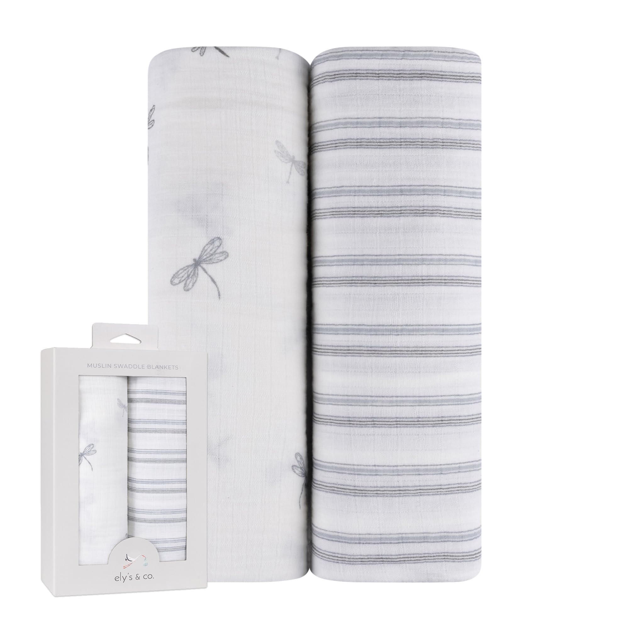 Ely's & Co. Muslin Swaddle Blankets 2-Pack for Baby Boy, 100% Cotton Muslin Extra Large Swaddle Receiving Blankets, 47”x47” (Blue Dragonflies + Stripes)