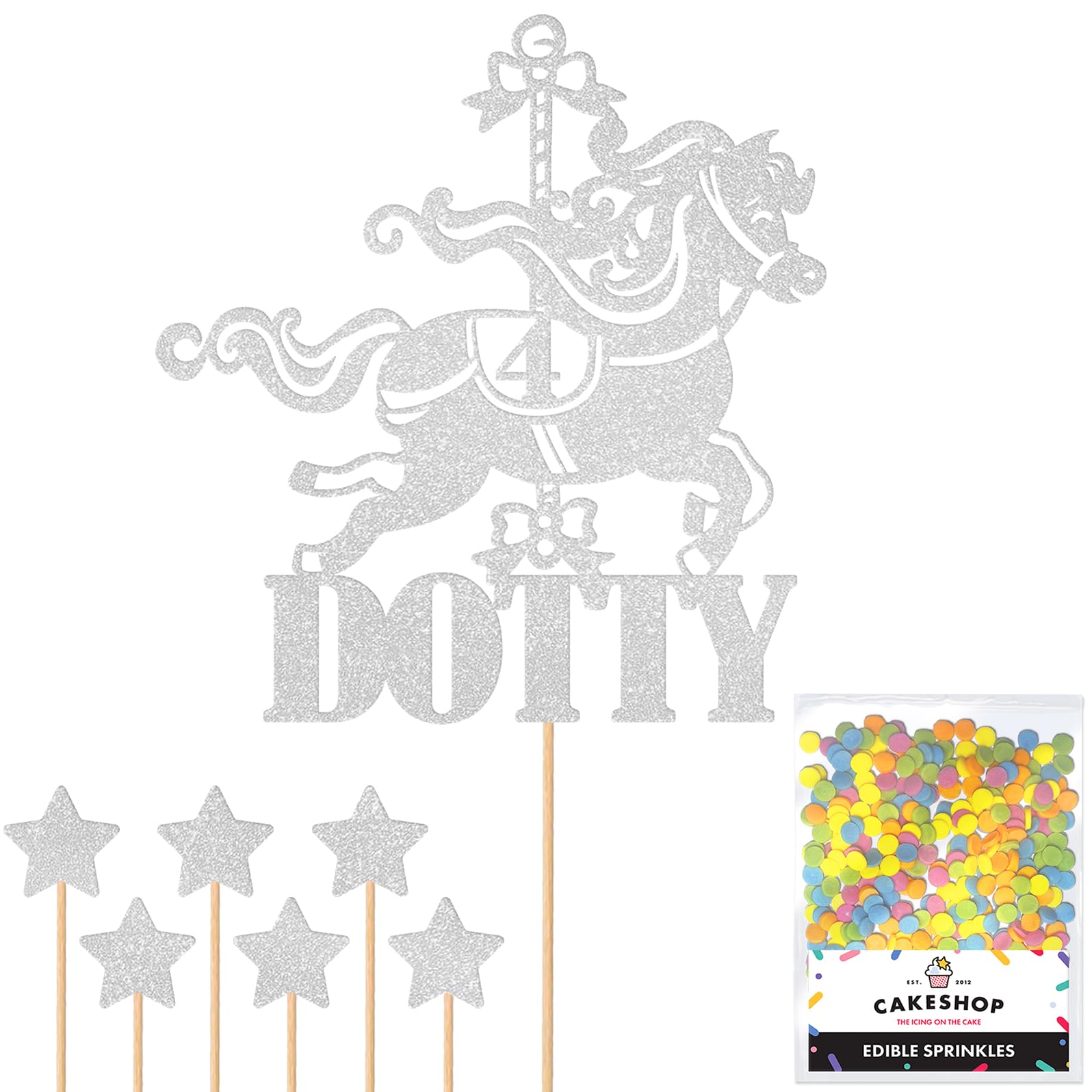 Personalised Carousel Merry-Go-Round Horse Riding Cake Topper Silver Custom Age & Name Glitter Cake Decoration and Sprinkles - Happy Birthday Decorations - Personalised Toppers for Cakes by Cakeshop