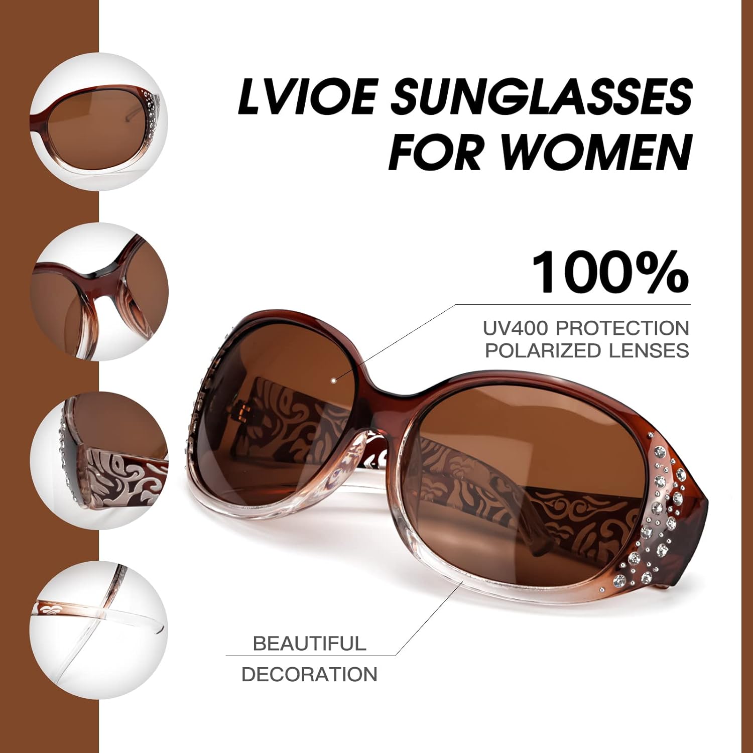LVIOE Polarized Sunglasses for Women, Rhinestone Wrap Around Sunglasses with UV Protection Lens LS008 - Image 3
