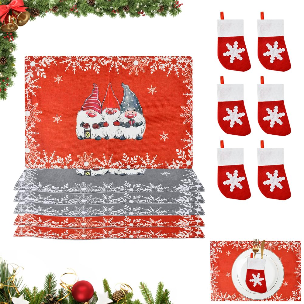 HEKOBAG manteles Individuales de Navidad, 6 Decoración Navideña Manteles Individuales 29 * 43.5cm + 6 Bolsita para Cubiertos de Medias Navidad, manteles Individuales Navidad Rectangular