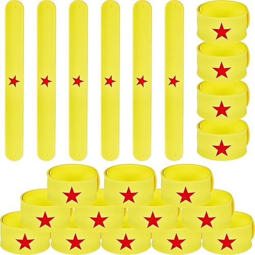 WILLBOND 24 pulseras de palmadas amarillas con estrella roja para fiesta de cumpleaños de niñas, suministros de equipo de niñas, regalos de poder