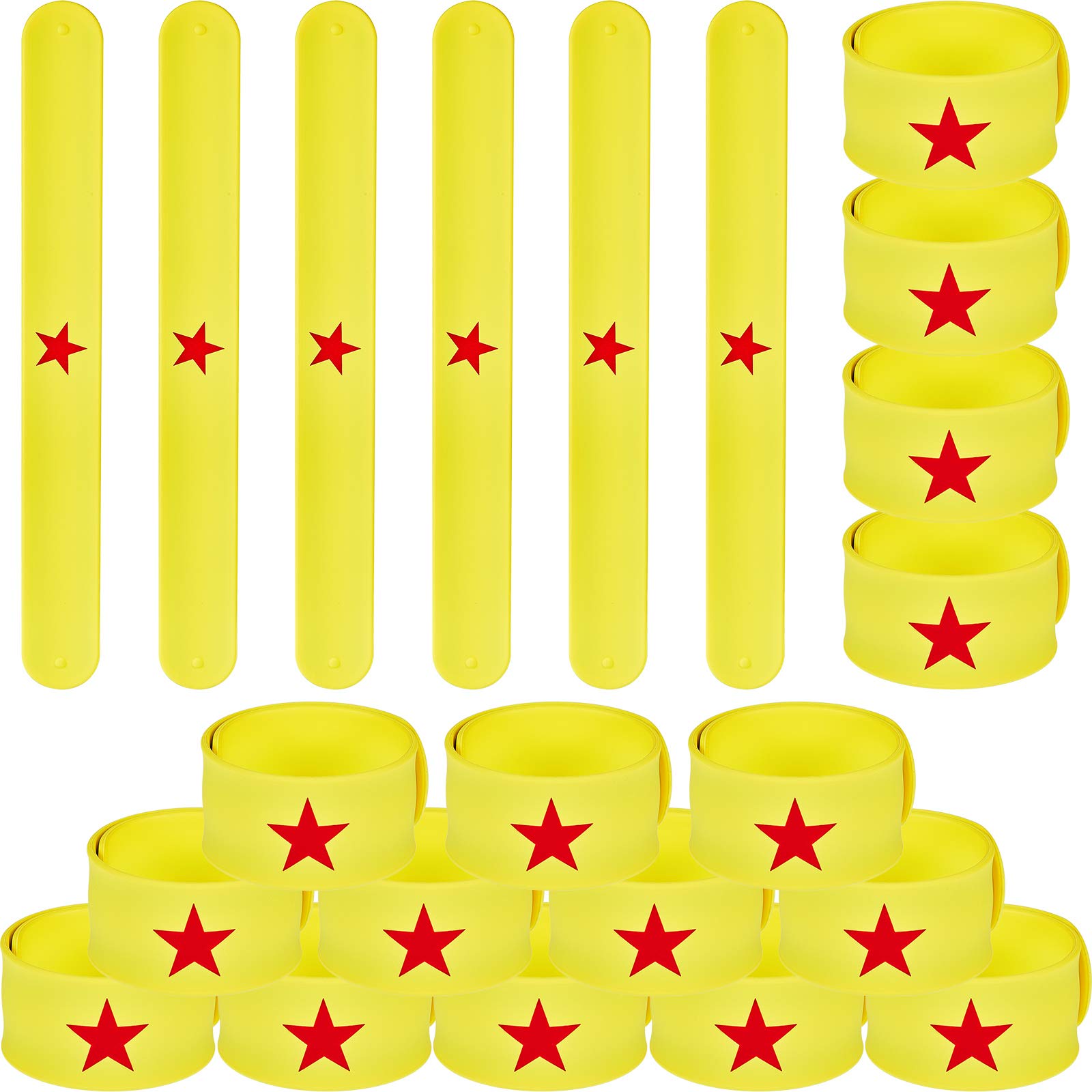 WILLBOND 24 Pieces Slap Bracelets Yellow Slap Bracelet with Red Star Slap Bracelet Flop Wristband Bracelets for Girls Birthday Party, Girls Team Supplies, Girl Power Favors, 7 5 inch, silica gel