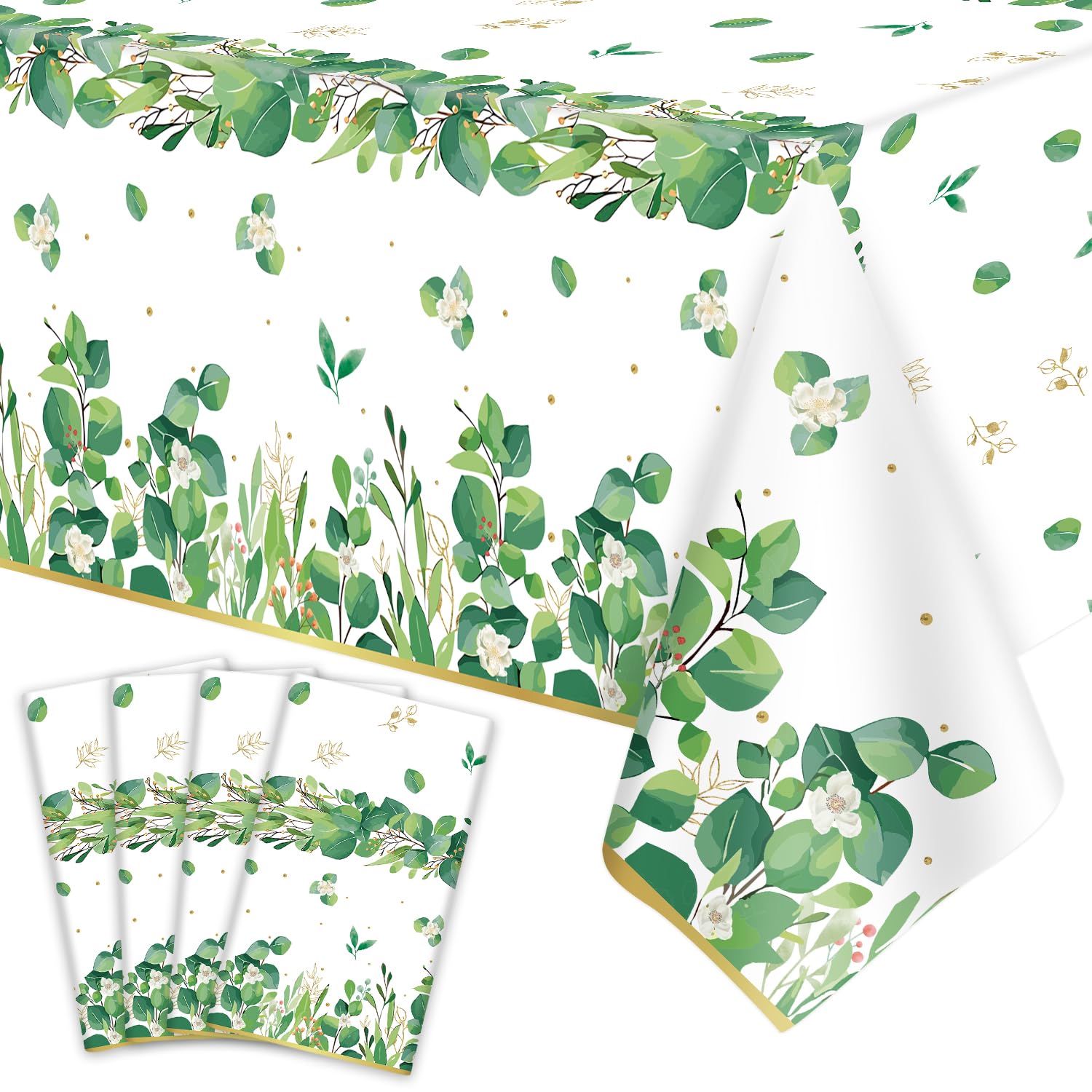 4 Pack Sage Green Eucalyptus Leaf Tablecover Sage Greenery Tablecloth Plastic Green Leaves Rectangular Greenery Table Cloths for Neutral Baby Shower Birthday Jungle Wedding Party Supplies 86 x 51 IN