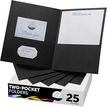 FILE-EZ Two-Pocket Folders, Black, 25-Pack, Textured Paper, Letter Size EZ-32505