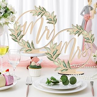 Yousoontic 2 Pcs Mr and Mrs Wedding Table Signs Wood Eucalyptus Leaves Freestanding Mr & Mrs Signs Rustic Table Decor Bride Groom Decoration for Wedding Head Dessert(Round)