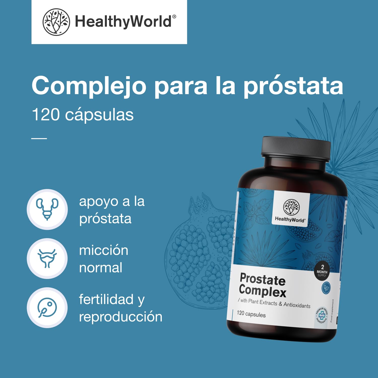 HealthyWorld complejo para la próstata - para hombres - 120 cápsulas vegetales - con semillas de calabaza, granada, ortiga, palma enana, vitamina E, zinc y selenio - apoyo a la próstata