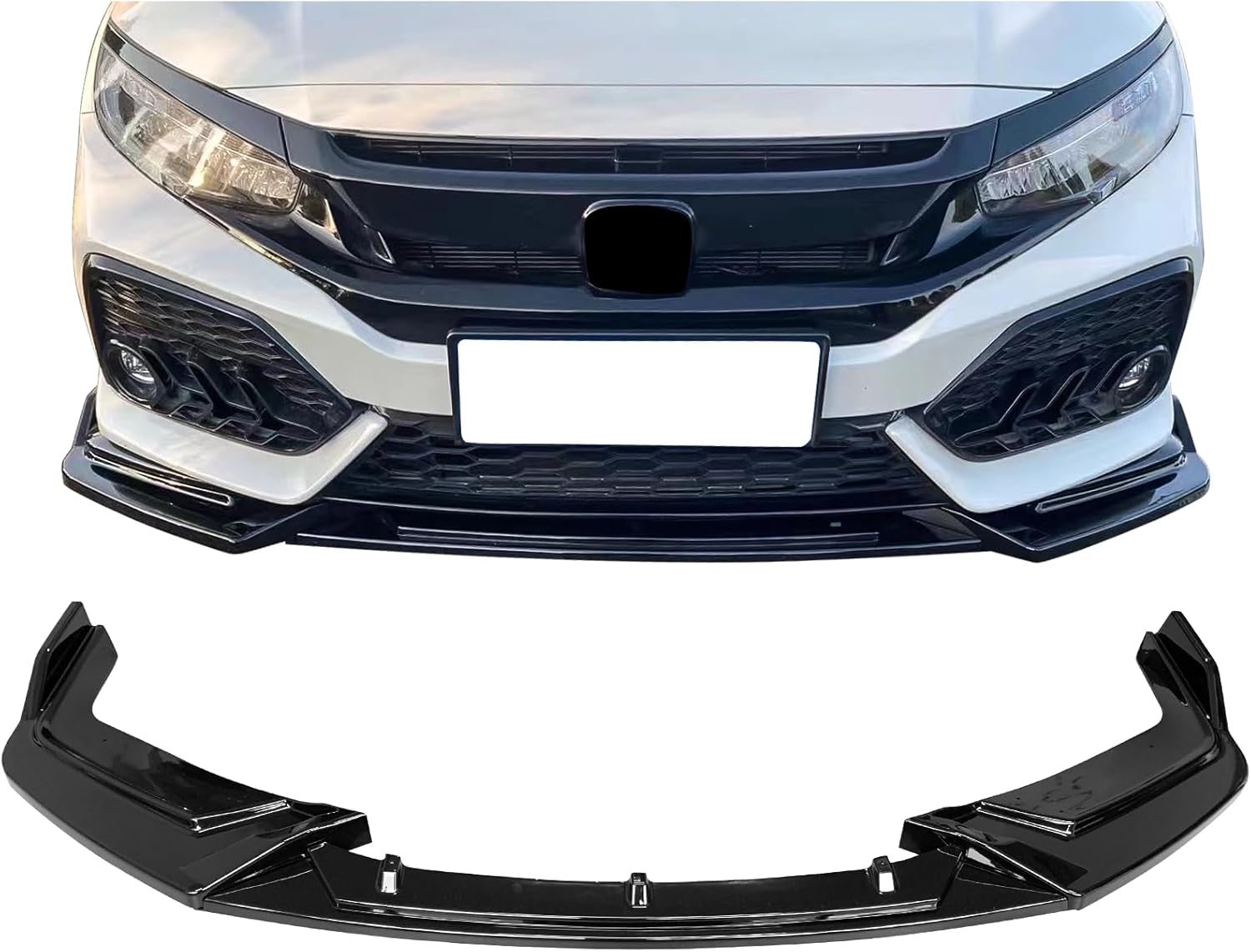 IKON MOTORSPORTS, Front Bumper Lip Compatible with 2017-2021 Honda Civic Hatchback & Si, IKON Style Gloss Black PP Front Lip Under Chin Spoiler Add On, 2018 2019 2020