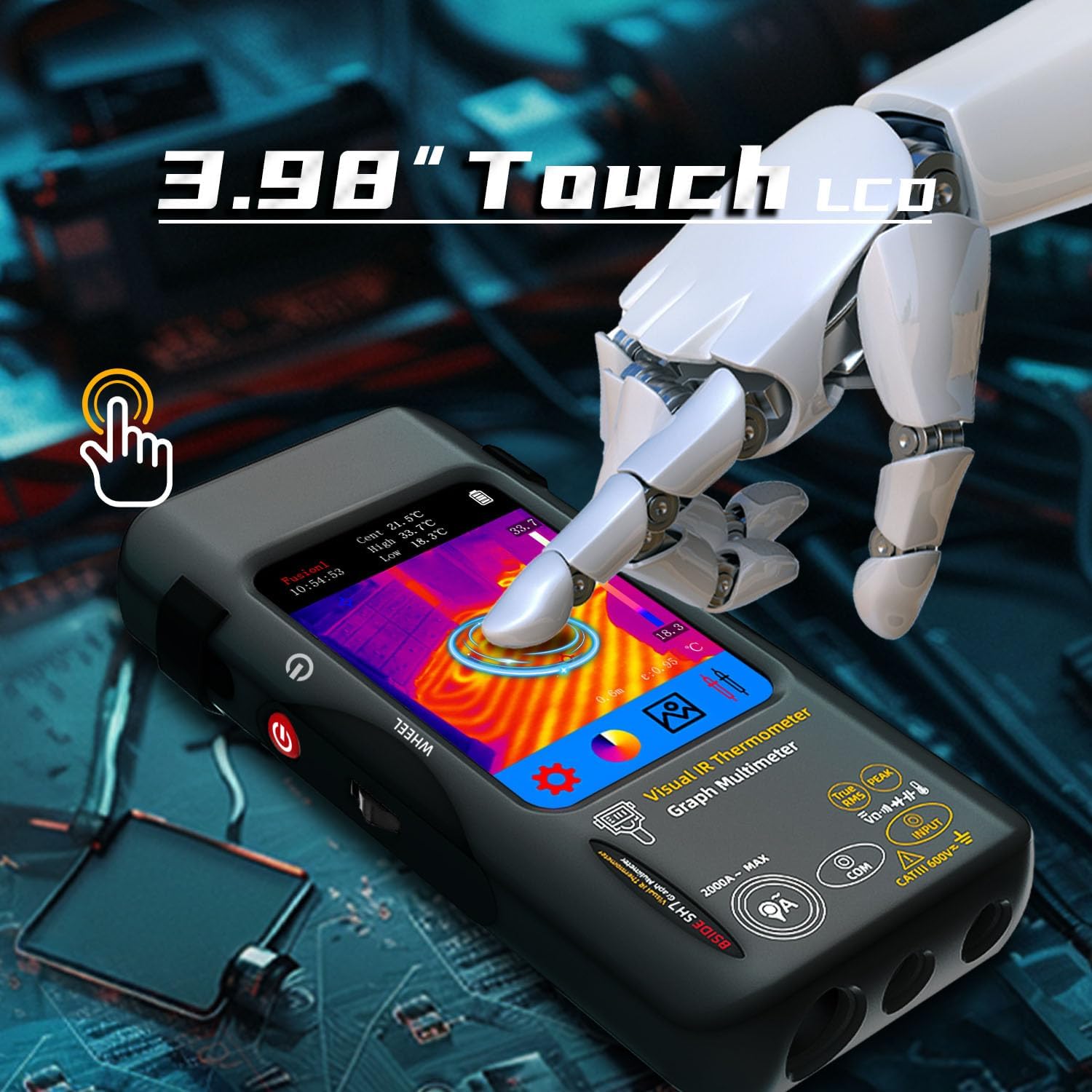 Hand interacting with the touch screen of the BSIDE SH7 thermal imager