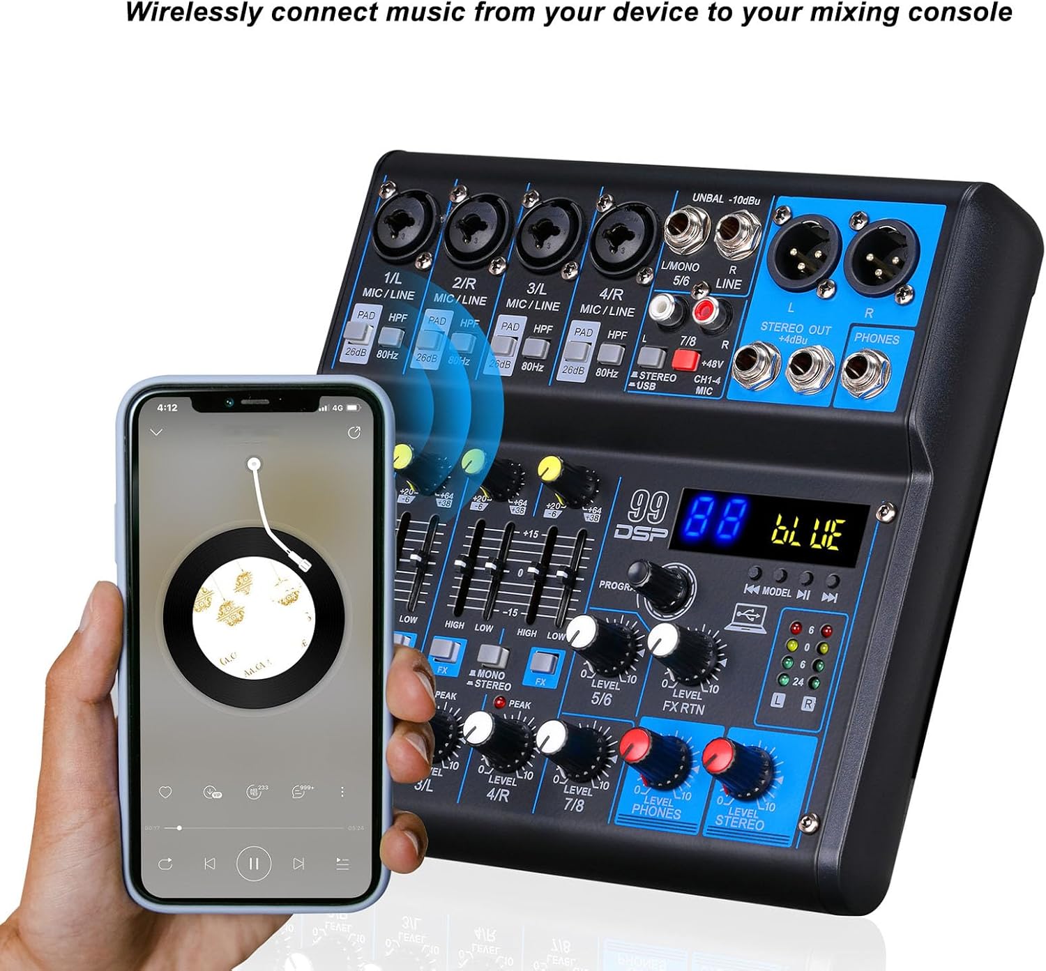 Close-up of the mixer's digital display showing '99 DSP' and effect selection controls.