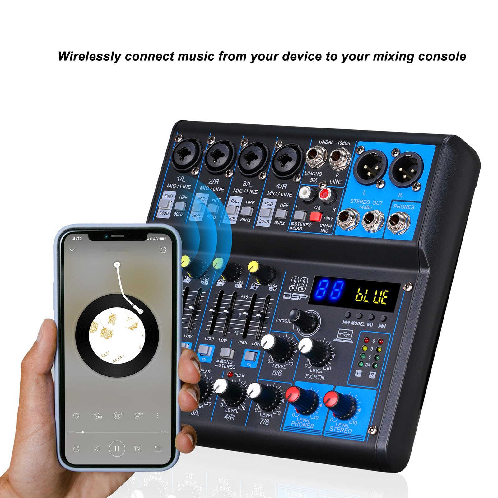 Professional Audio Mixer, 8 Channel Digital USB BT MP3