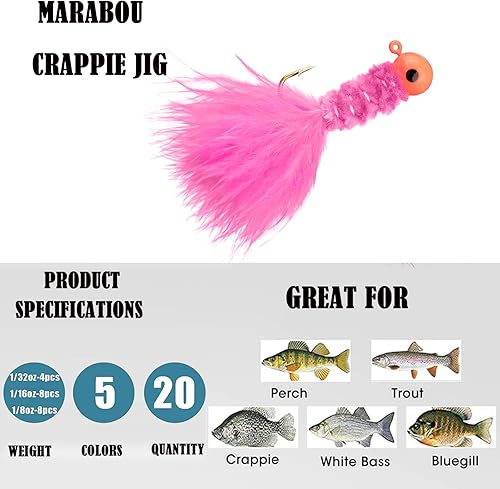 Miniatura 4 de Marabou Jigs - Juego de señuelos de pesca, 20 señuelos de plumas de marabú, cabezas de plantilla de cangrejo con ganchos para perca, pez panfish,