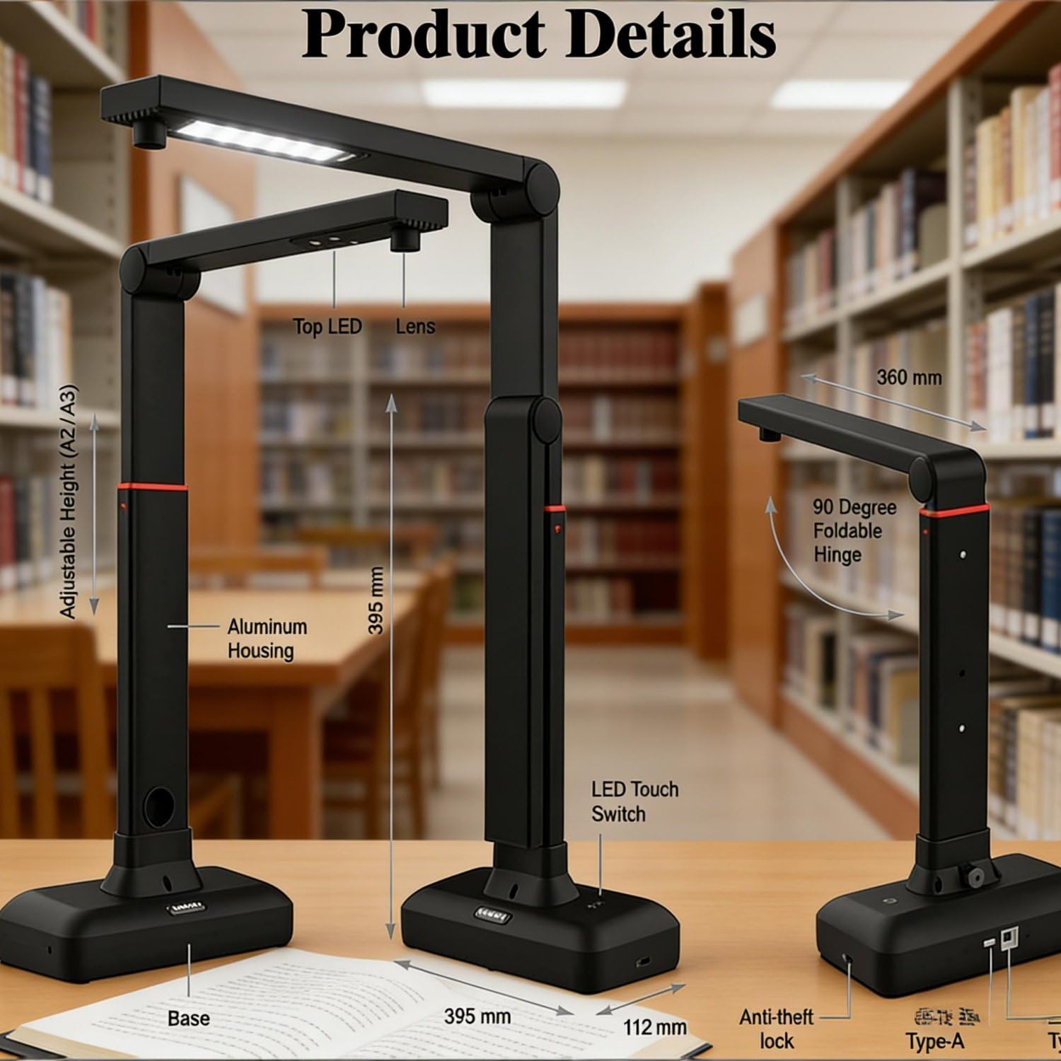 Visualizador de cámara de documentos con escáner de alta resolución, soporte flexible, Plug & Play para ventanas, ideal para enseñanza, reuniones y oficina en casa