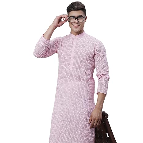 SOJANYA (Since 1958, Men's Pure Cotton Blue Kurta with White Embroidery