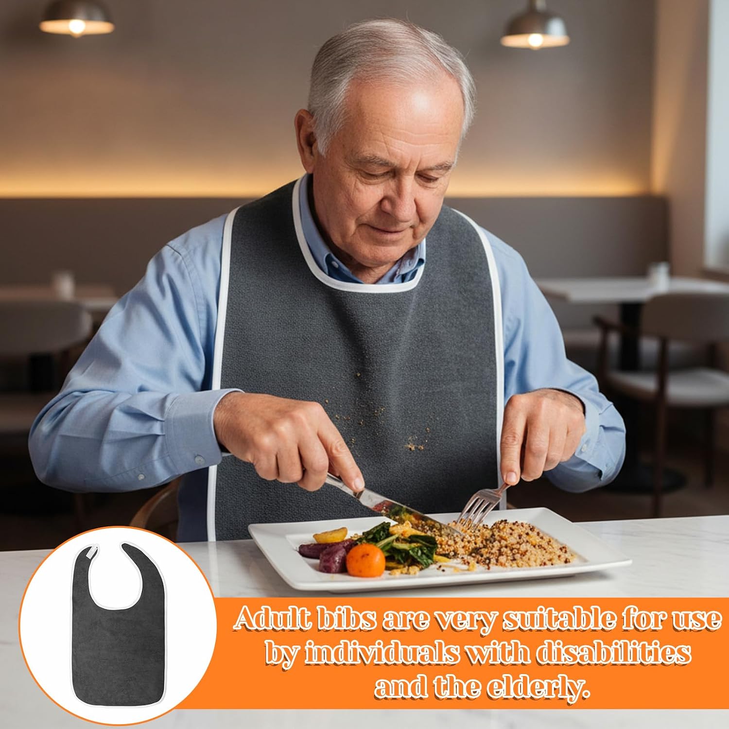 2 PCS Adult Bibs for Men, Adjustable Adult Bib for Seniors, Soft Towel Cloth Neck Bib, Grey Adults Bibs for Eating