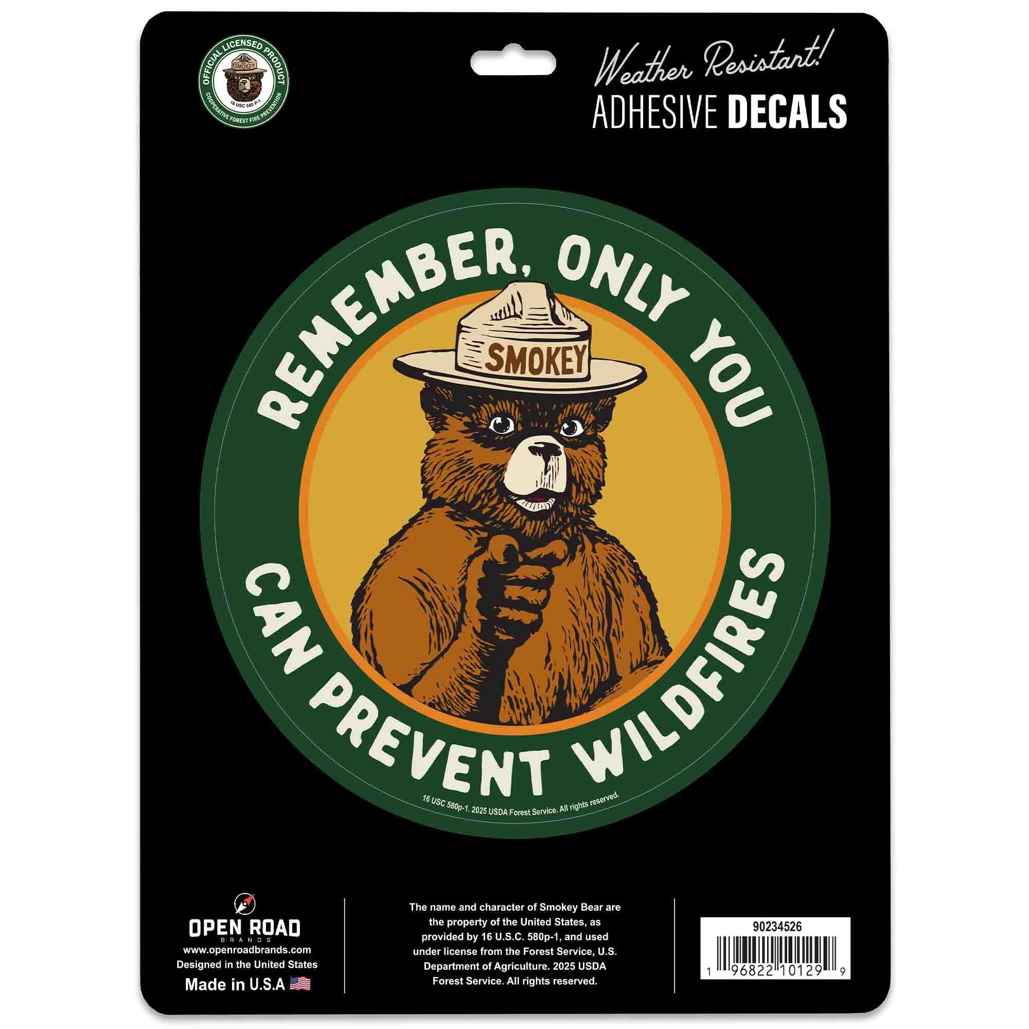 Smokey Bear Only You Can Prevent Wildfires Adhesive Vinyl Decal