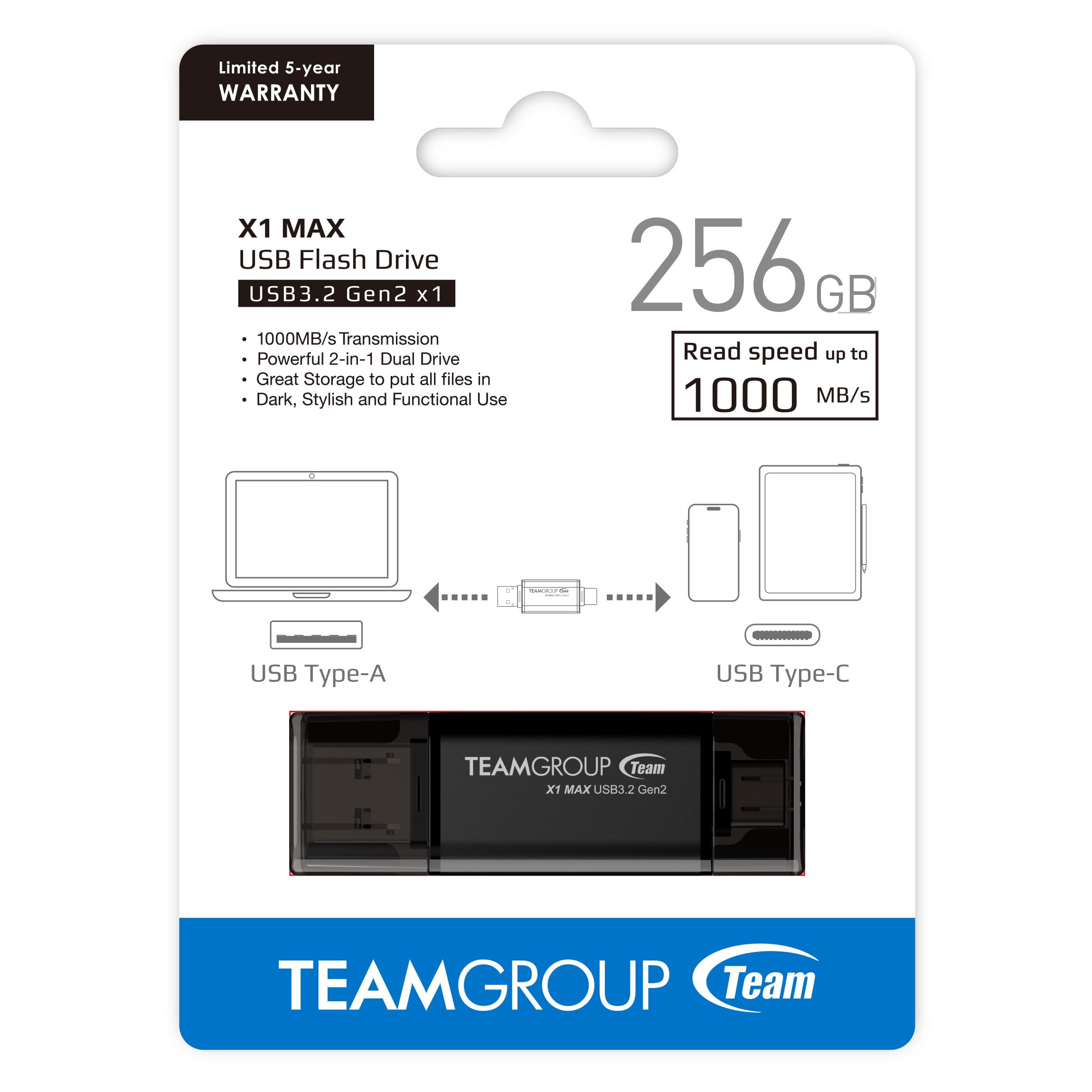 TEAMGROUP X1 MAX - Memoria USB 3.2 de 256 GB, 1000 MB/s, Gen 2 tipo A y tipo C (3.1/3.0) OTG de doble interfaz USB, memoria flash de almacenamiento de datos, compatible con Smartphone/Tablet/Laptop/PC