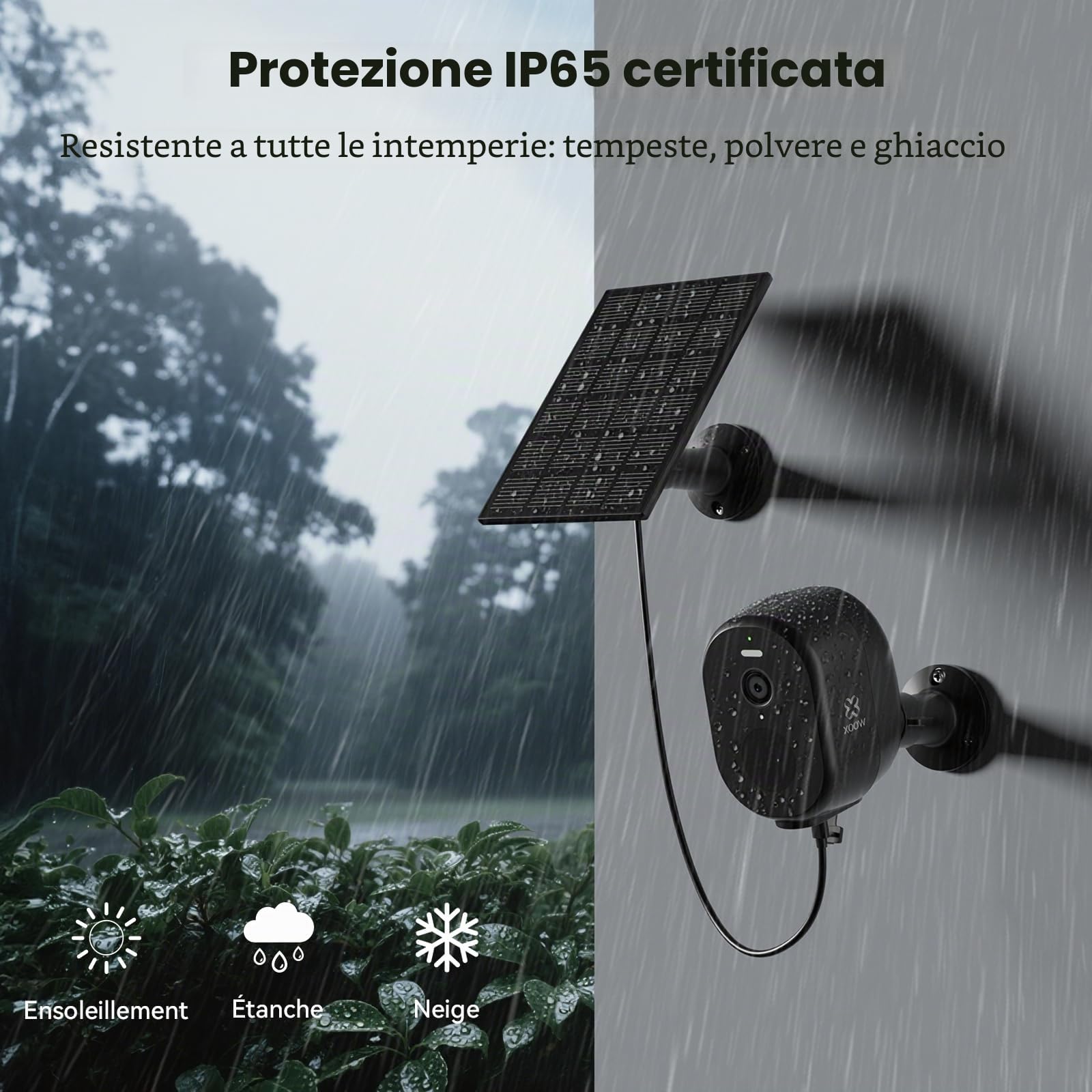 Woox Telecamera Pannello Solare Esterna 2.5K 4MP, Telecamera WiFi Esterno Senza Fili con Batteria Integrata, Visione Notturna a Colori, Rilevamento PIR Persone, IP65, 2.4GHz